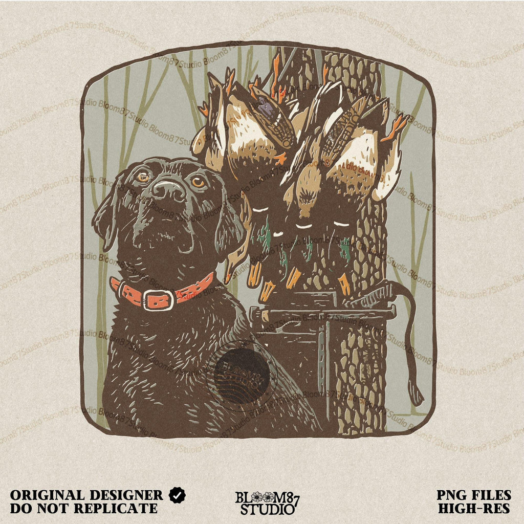 Digital PNG design of a black lab hunting dog with mallard ducks on a strap, ideal for sublimation printing on hunting-themed apparel