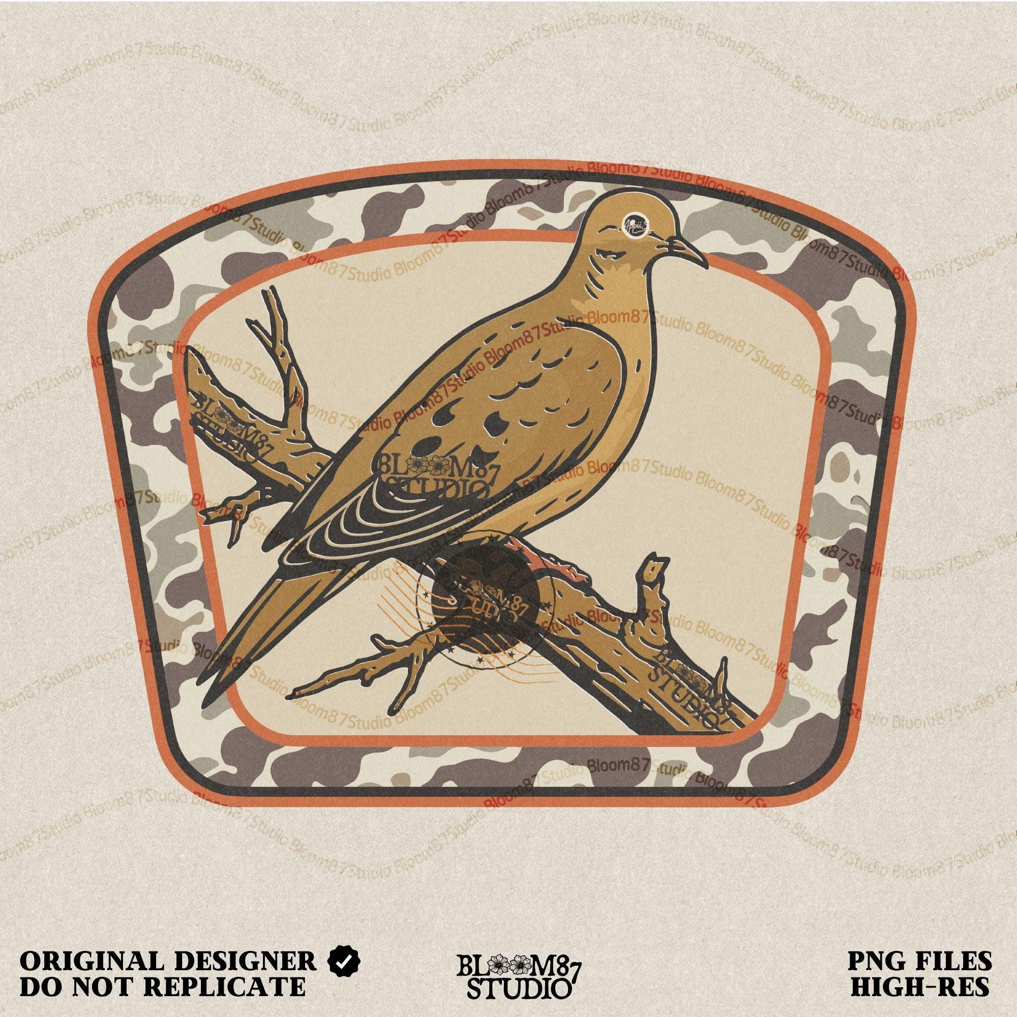 Rustic illustration of a mourning dove perched on a branch with camo border, ideal for hunting season and southern fall sublimation crafts.
