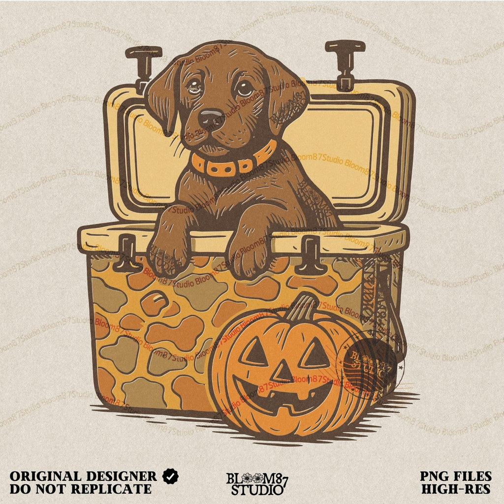Cute brown hunting dog in a camo cooler next to a carved pumpkin, Halloween-themed sublimation PNG for fall shirts or seasonal crafts.