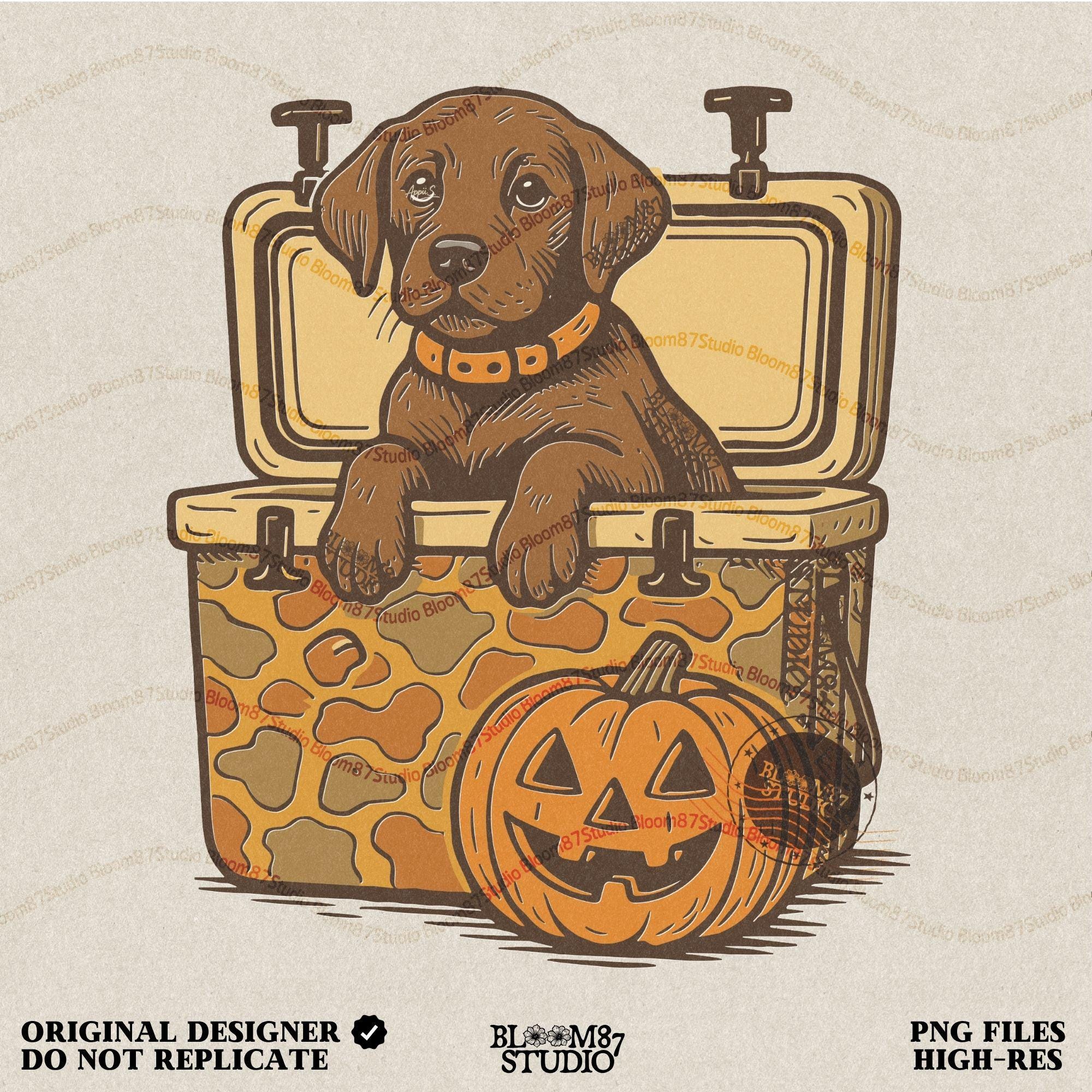 Cute brown hunting dog in a camo cooler next to a carved pumpkin, Halloween-themed sublimation PNG for fall shirts or seasonal crafts.