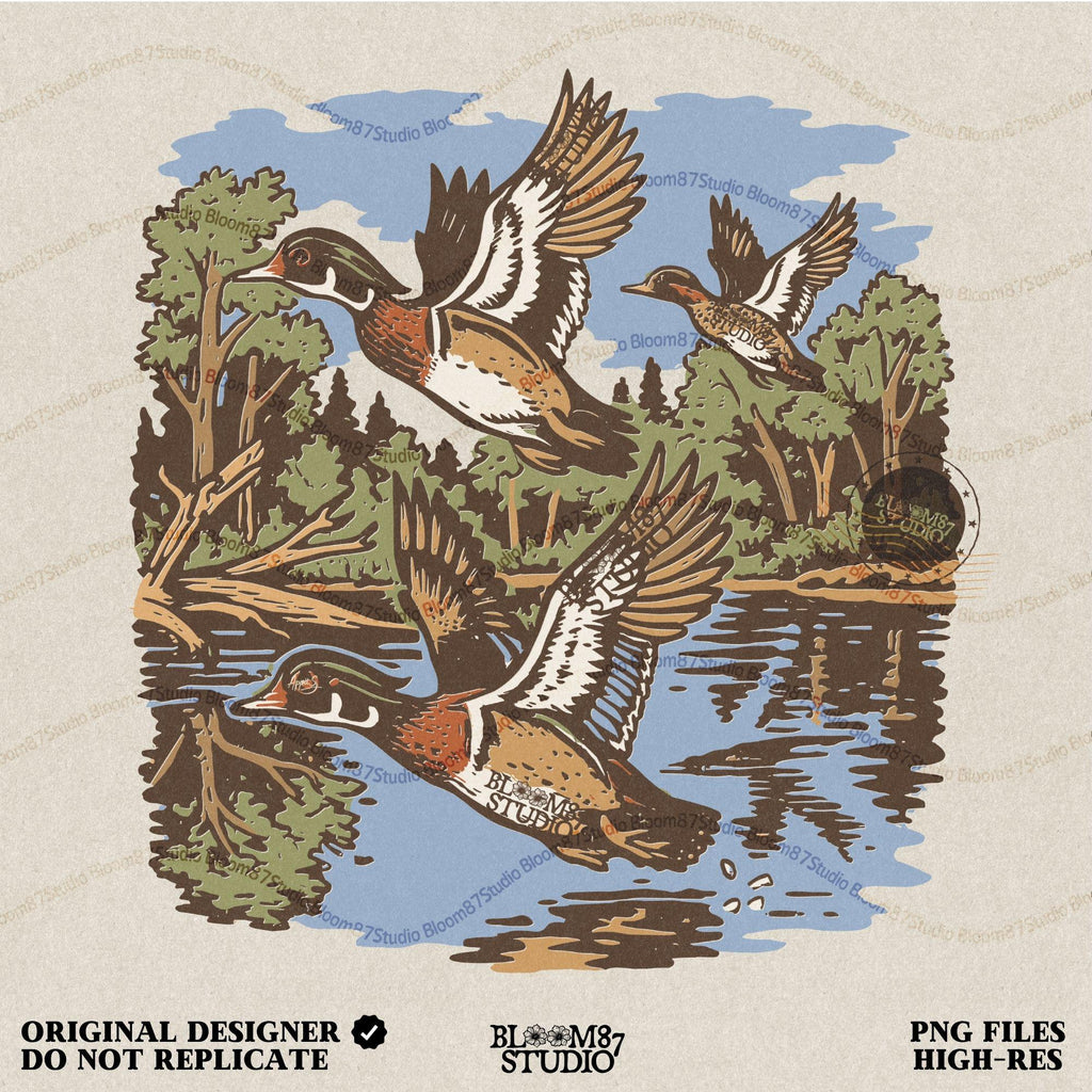 Vintage wood duck artwork showing ducks flying over a calm forest lake, perfect for fall hunting-themed sublimation designs and rustic crafts.