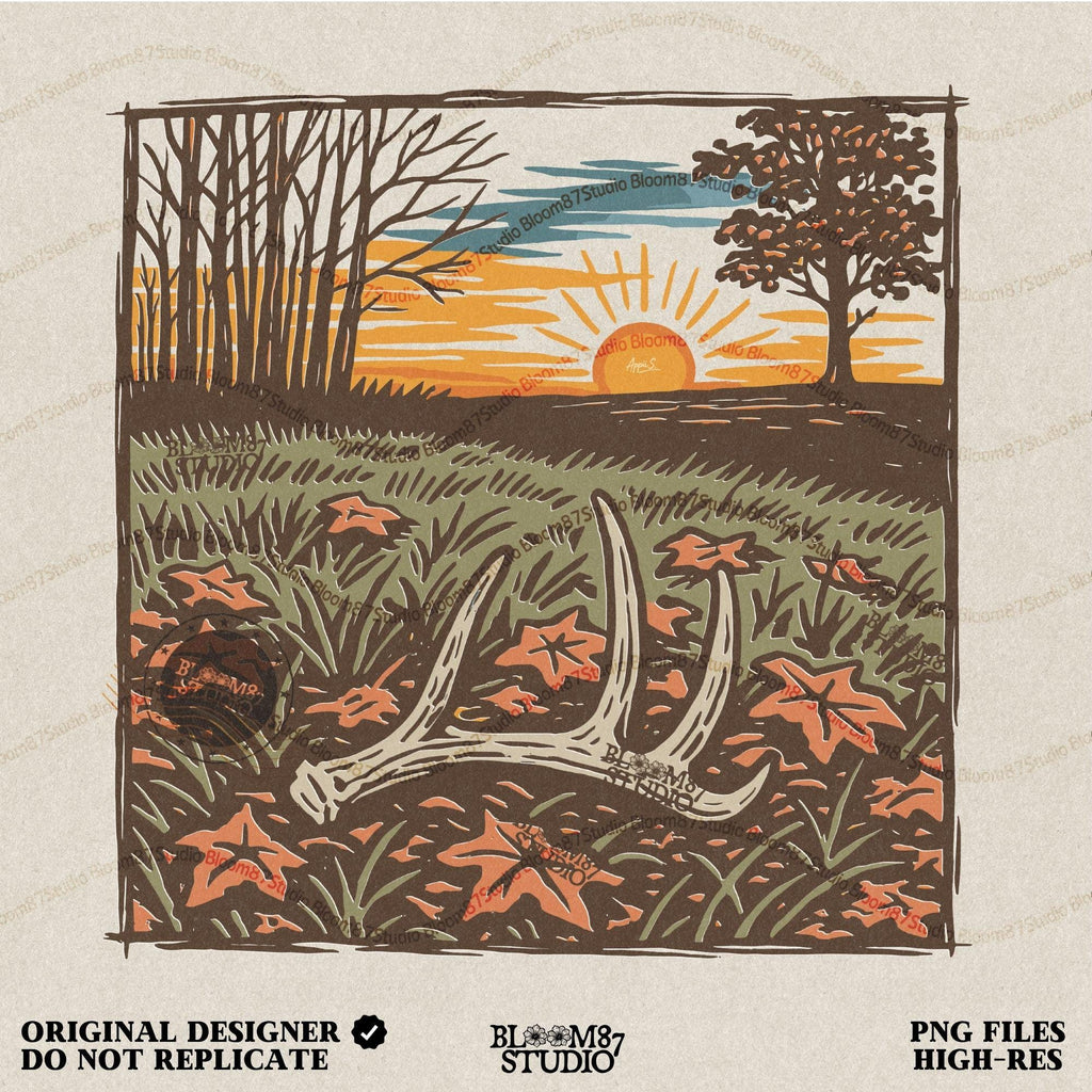 A rustic illustration of a whitetail antler lying in a fall field with orange leaves and a vibrant sunset sky in the background, PNG format for sublimation.