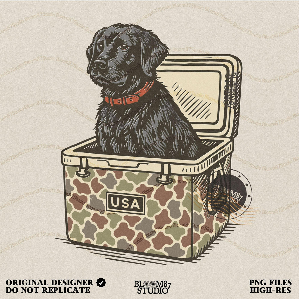 Hand-drawn black Labrador retriever sitting in a camouflage cooler labeled “USA,” designed for sublimation and hunting-themed merchandise.
