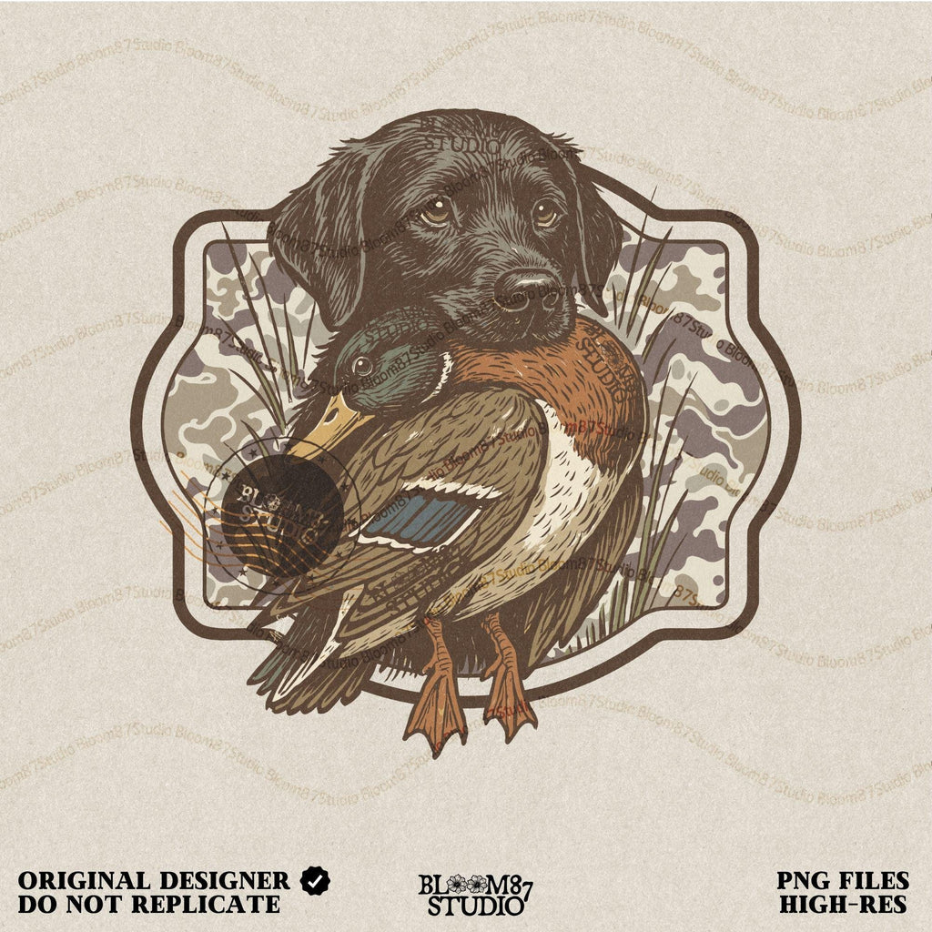 Black Labrador retriever holding a mallard duck with a camouflage background, perfect for hunting or outdoors-themed designs.