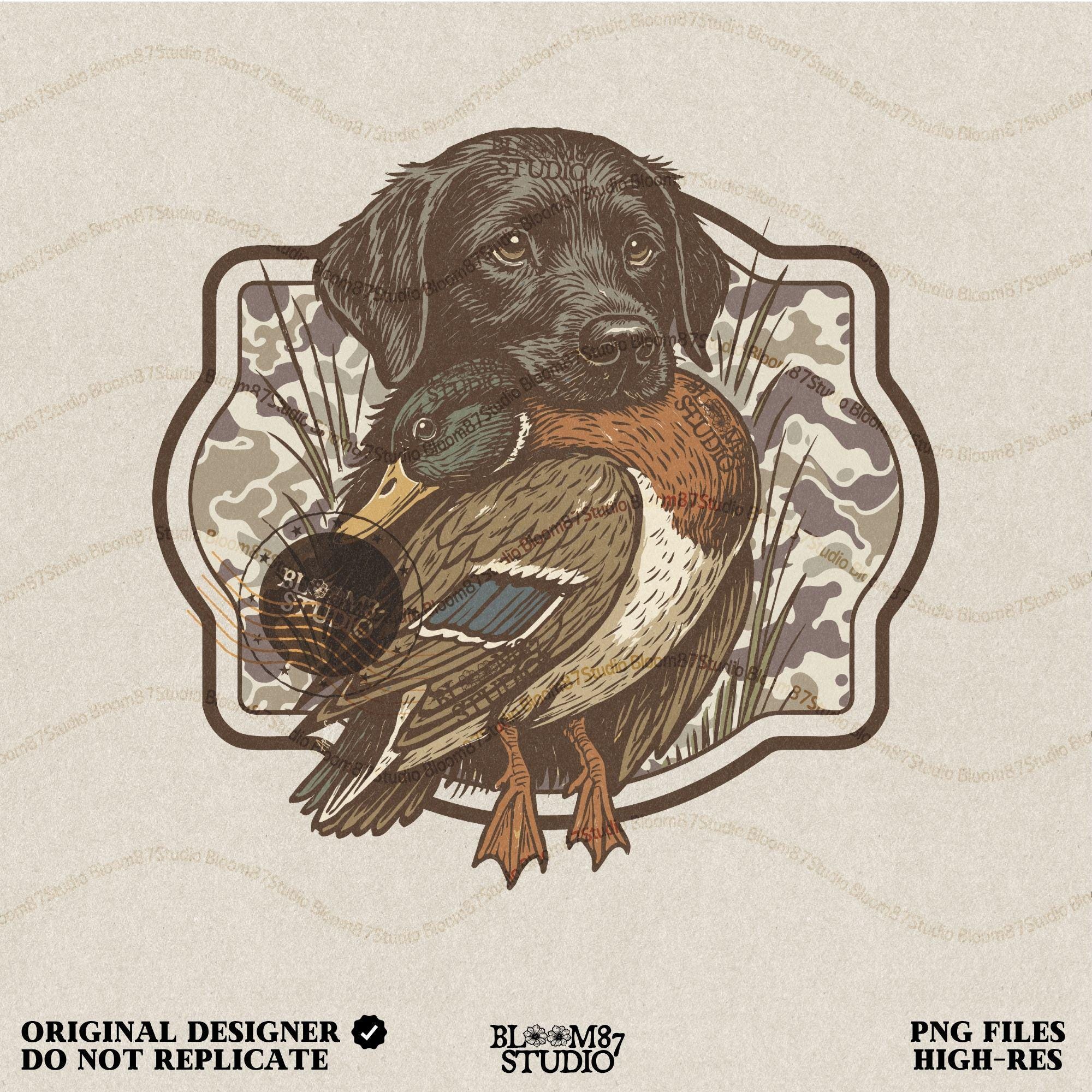 Black Labrador retriever holding a mallard duck with a camouflage background, perfect for hunting or outdoors-themed designs.
