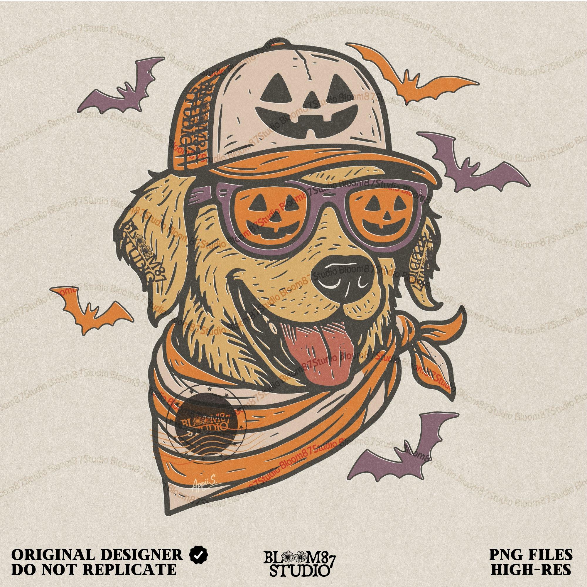 Golden retriever wearing jack-o’-lantern sunglasses, pumpkin hat, and orange bandana, surrounded by bats, Halloween-themed sublimation PNG