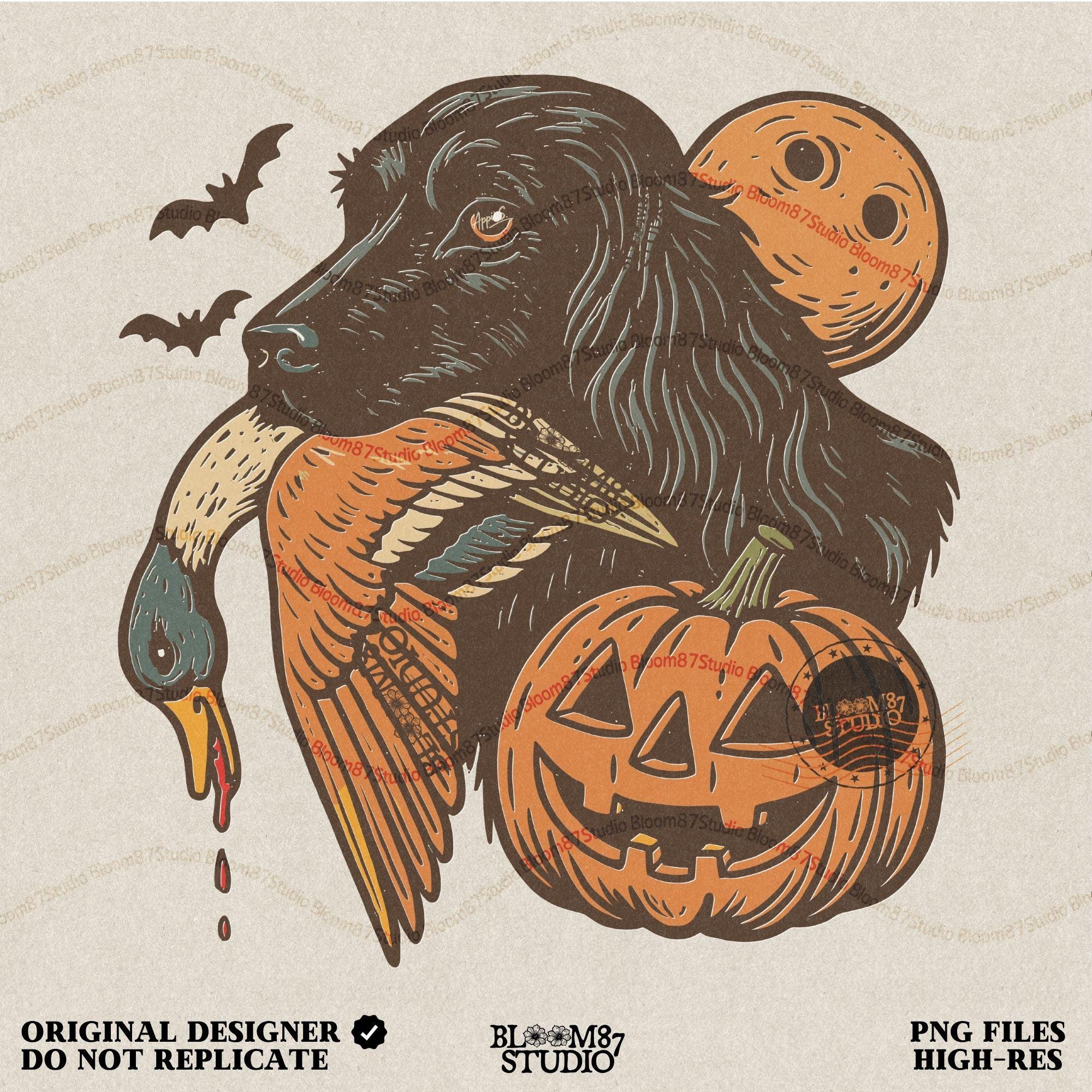 Halloween PNG of a black hunting dog holding a duck with jack-o’-lanterns, bats, and a full moon, rustic sublimation for fall crafts