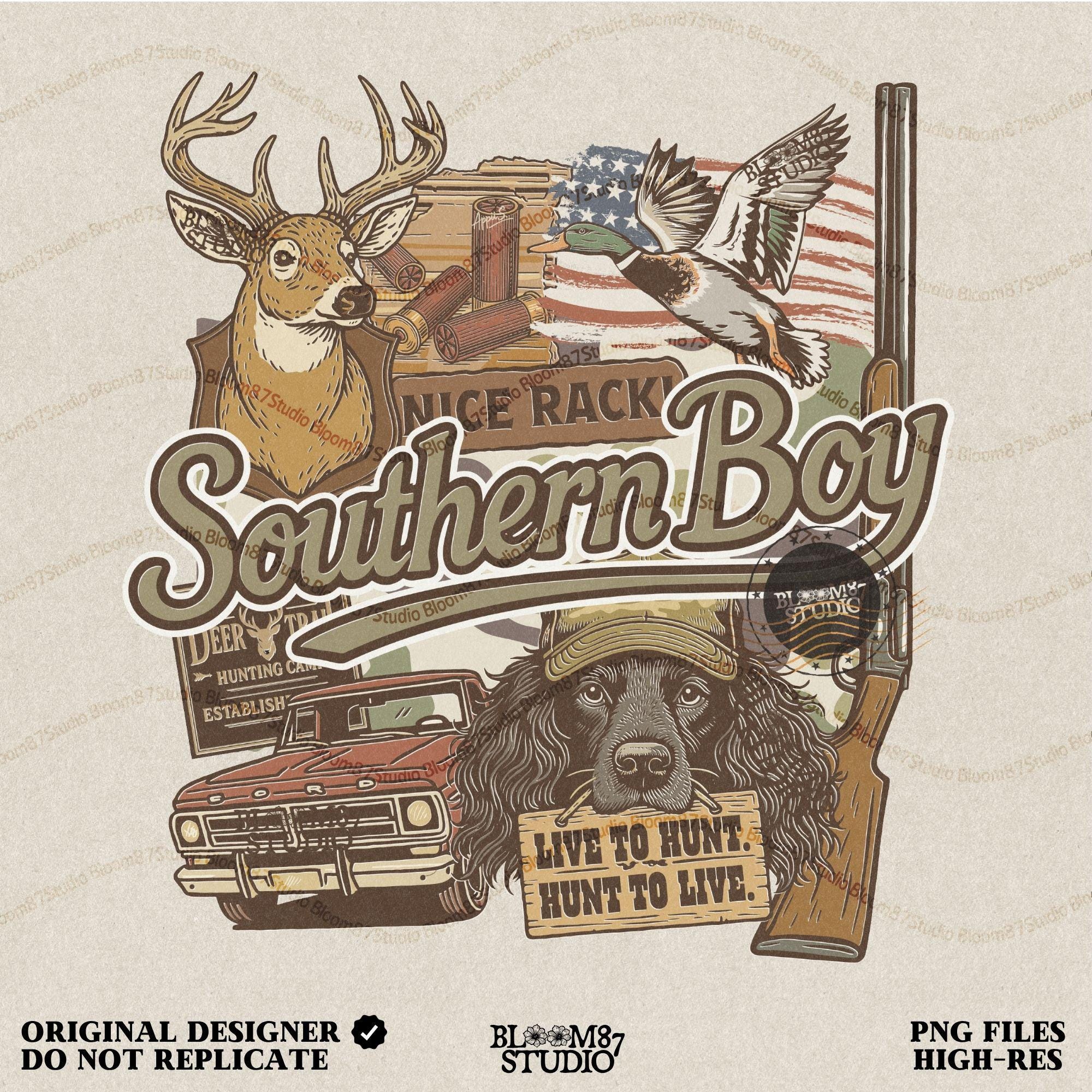 Collage-style design with deer, duck, hunting dog, vintage truck, shotgun, and camo background with the phrase “Southern Boy” in bold script.