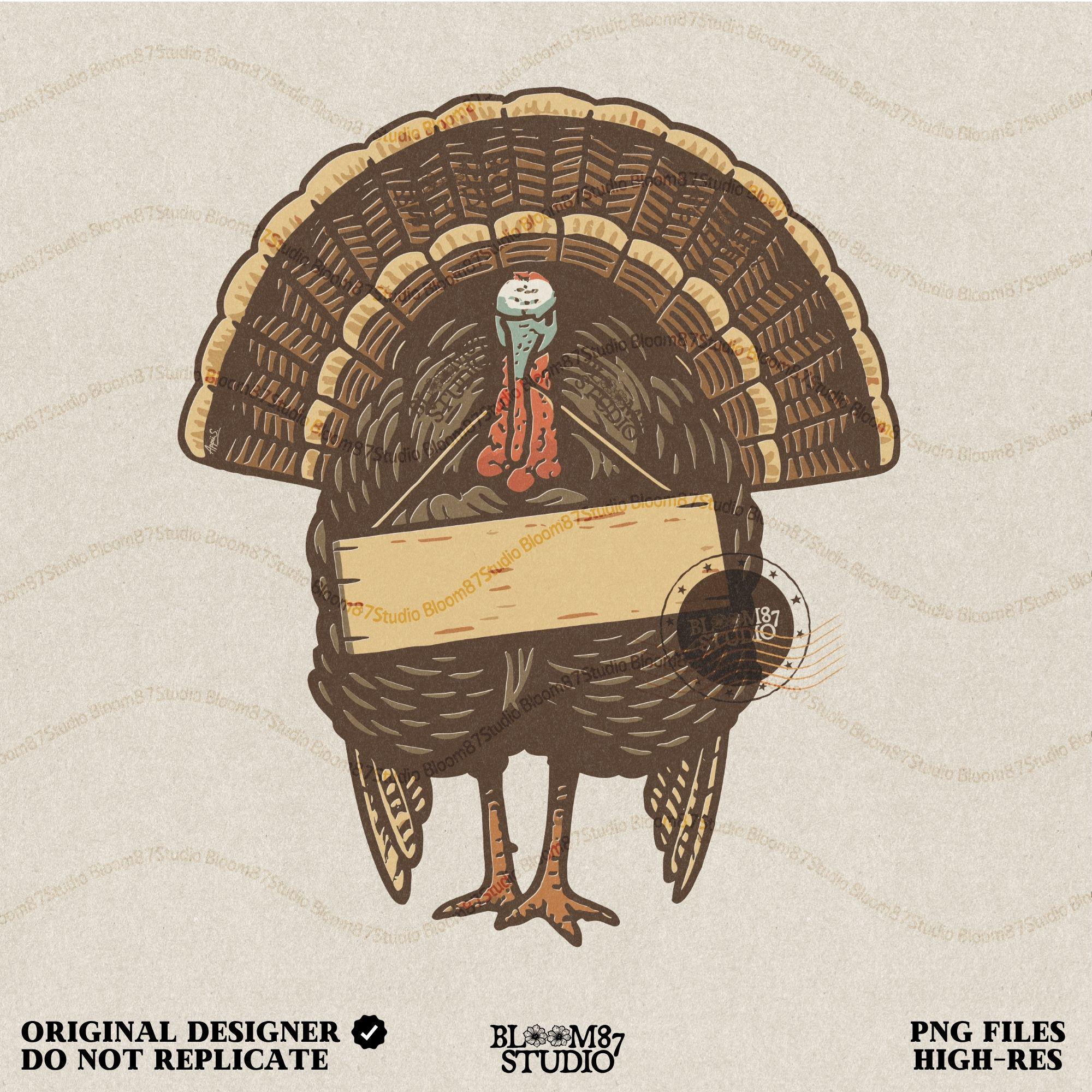 Retro-style Thanksgiving turkey standing upright holding a blank wooden sign, designed for editable sublimation or customizable fall craft projects.