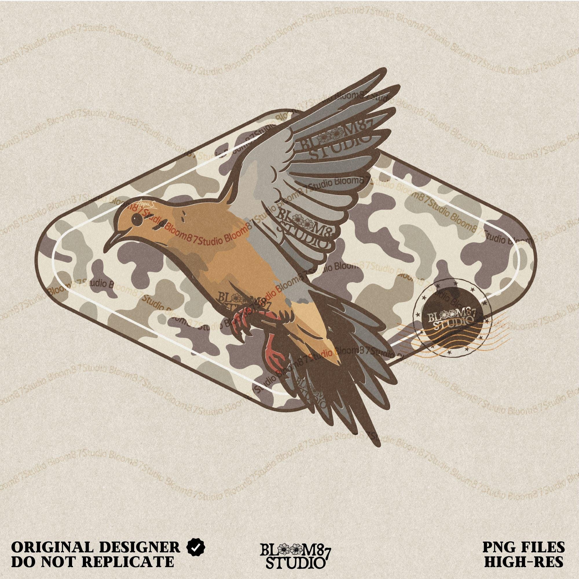 Illustration of a flying mourning dove over a tan and brown camo-patterned background, designed for hunting-themed sublimation prints.