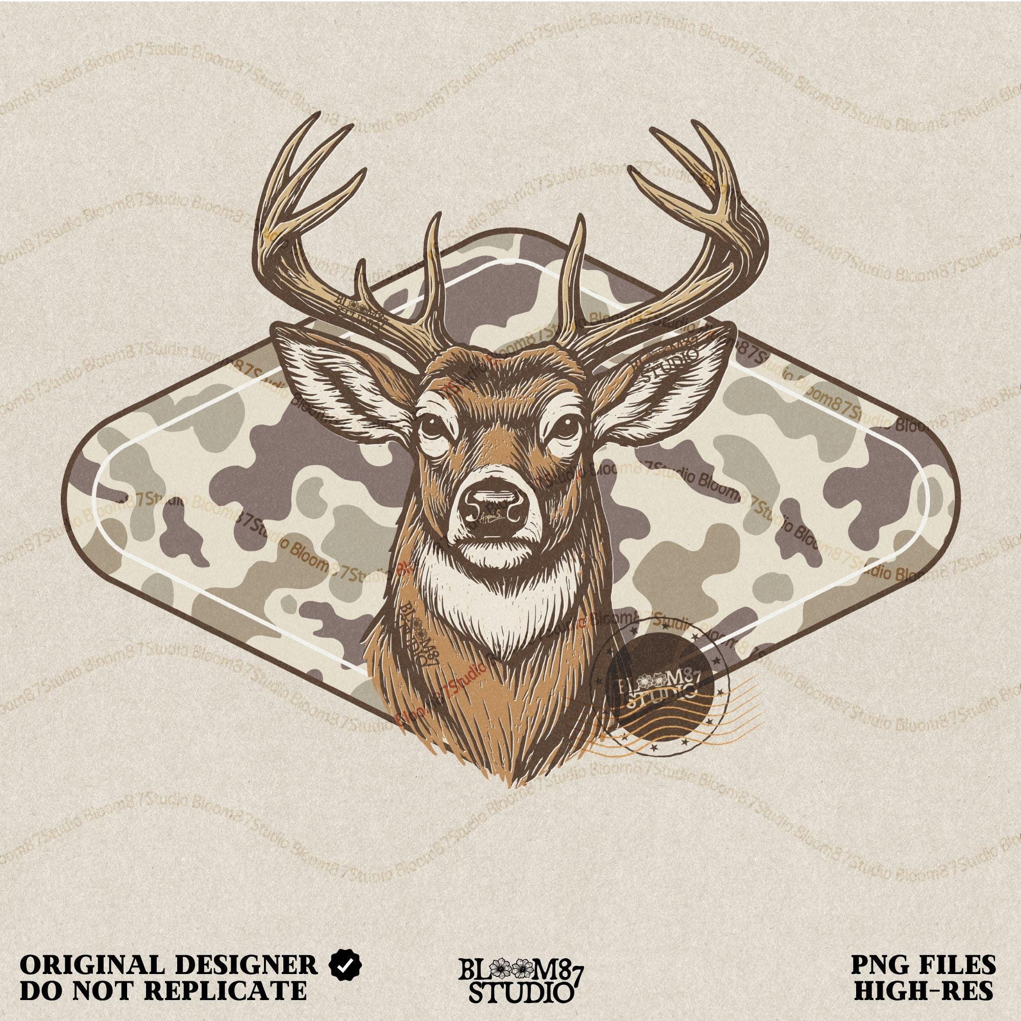 Vintage Whitetail deer head with large antlers in front of old school camo background – rustic outdoor hunting sublimation design.