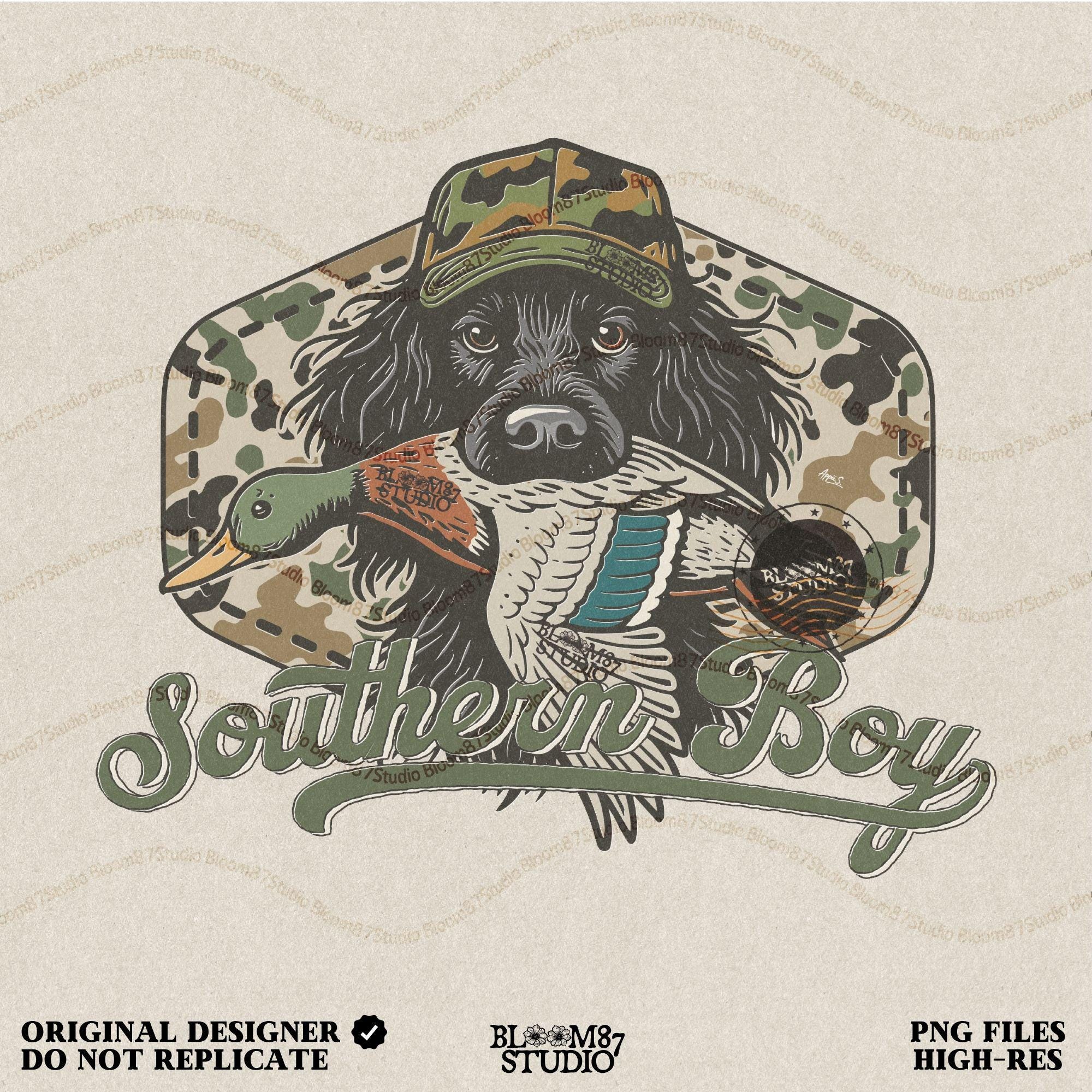 Illustration of a black hunting dog wearing a camo hat, holding a mallard duck in its mouth with the text “Southern Boy” below, in a rustic Southern style.