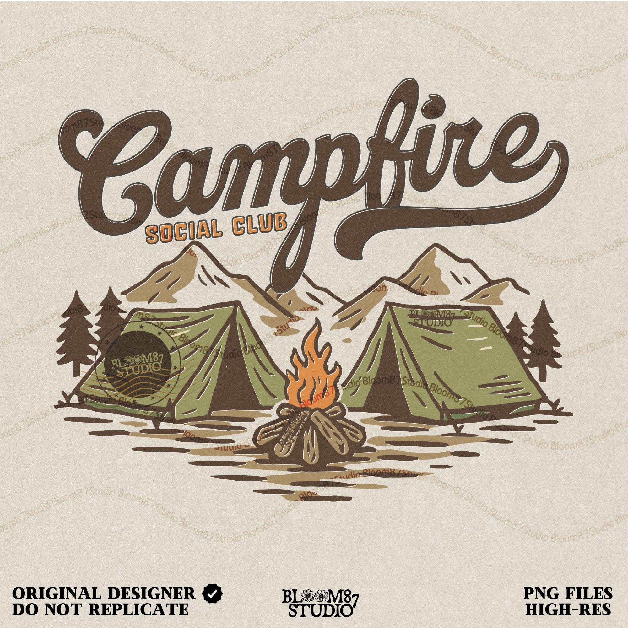 Vintage-style illustration of two camping tents, a lit campfire, pine trees, and mountains with the text “Campfire Social Club.”