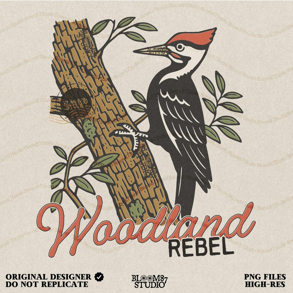 Vintage woodpecker perched on a tree trunk with green leaves and the word “Woodland” in rustic script, fall-themed forest sublimation PNG.