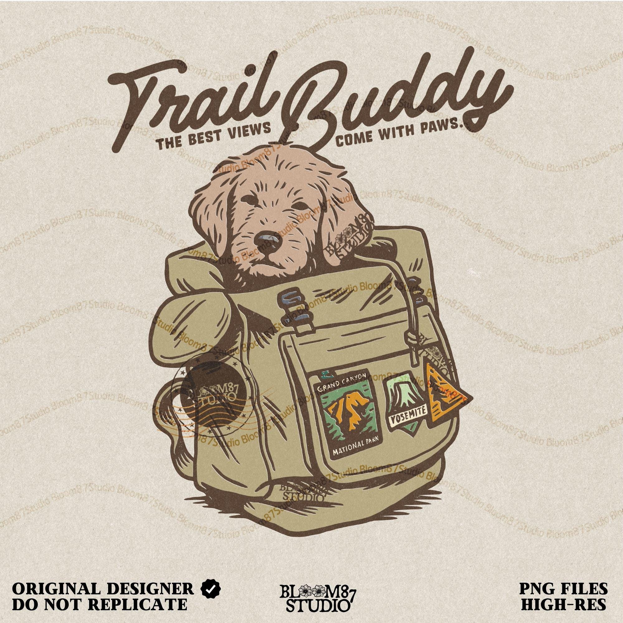 Hand-drawn illustration of a dog in a vintage hiking backpack with National Park patches and the phrase “The Best Views Come with Paws,” designed for sublimation.