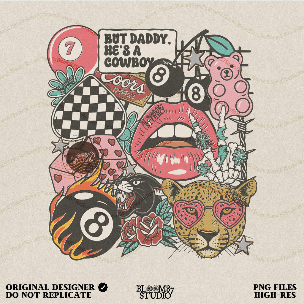 Western howdy collage PNG with “But Daddy He’s a Cowboy” quote, leopard with heart sunglasses, lips, 8 balls, dice, pink bear, and checkerboard.