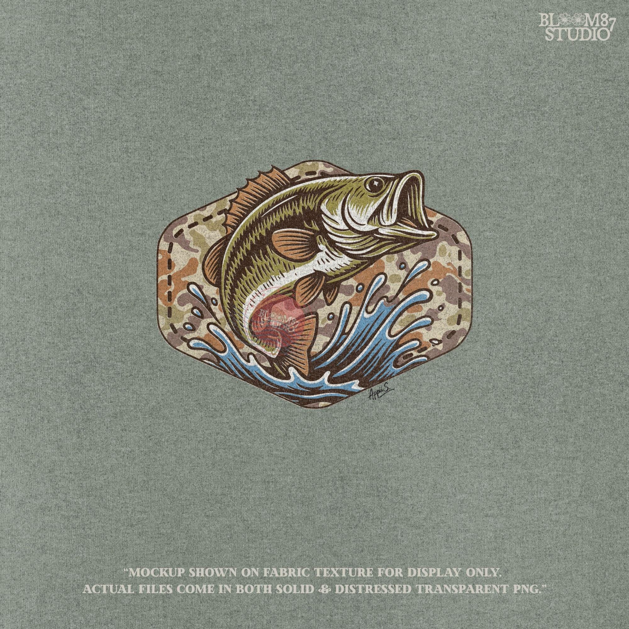 Illustration of a largemouth bass jumping from water with a camo background, designed for fishing-themed sublimation and outdoorsman shirt printing.