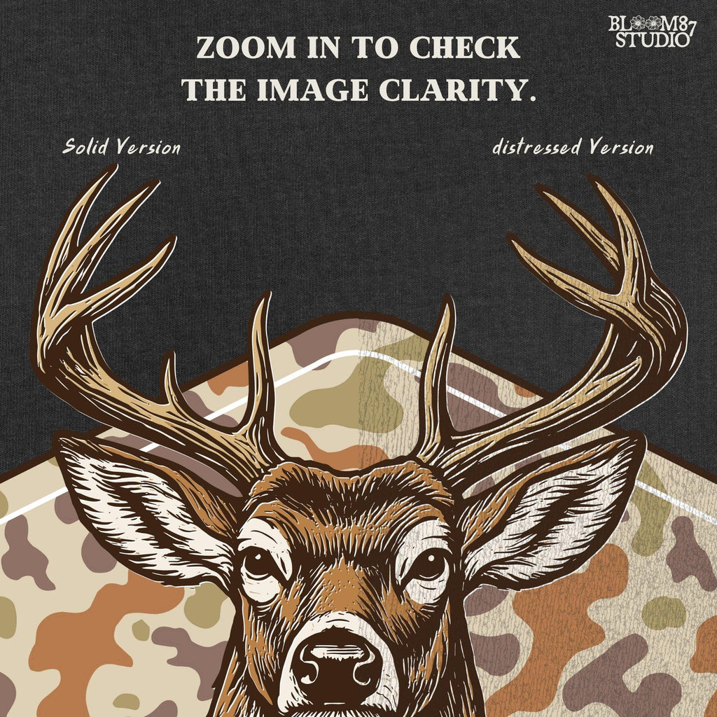 Illustration of a whitetail buck head over a soft-tone woodland camouflage background, designed for fall-themed sublimation and hunting crafts.