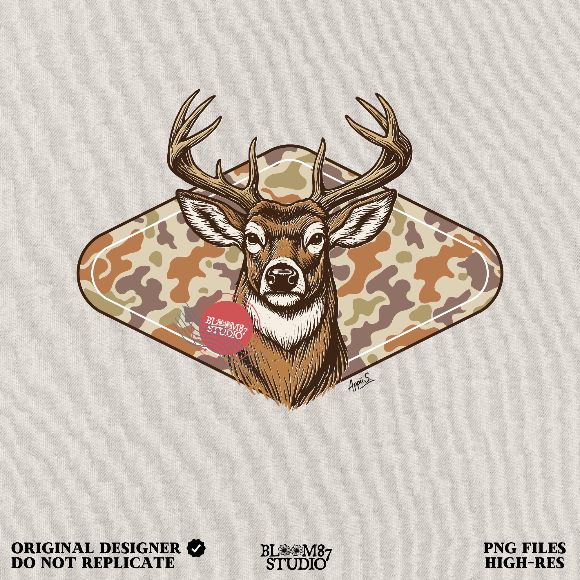 Illustration of a whitetail buck head over a soft-tone woodland camouflage background, designed for fall-themed sublimation and hunting crafts.