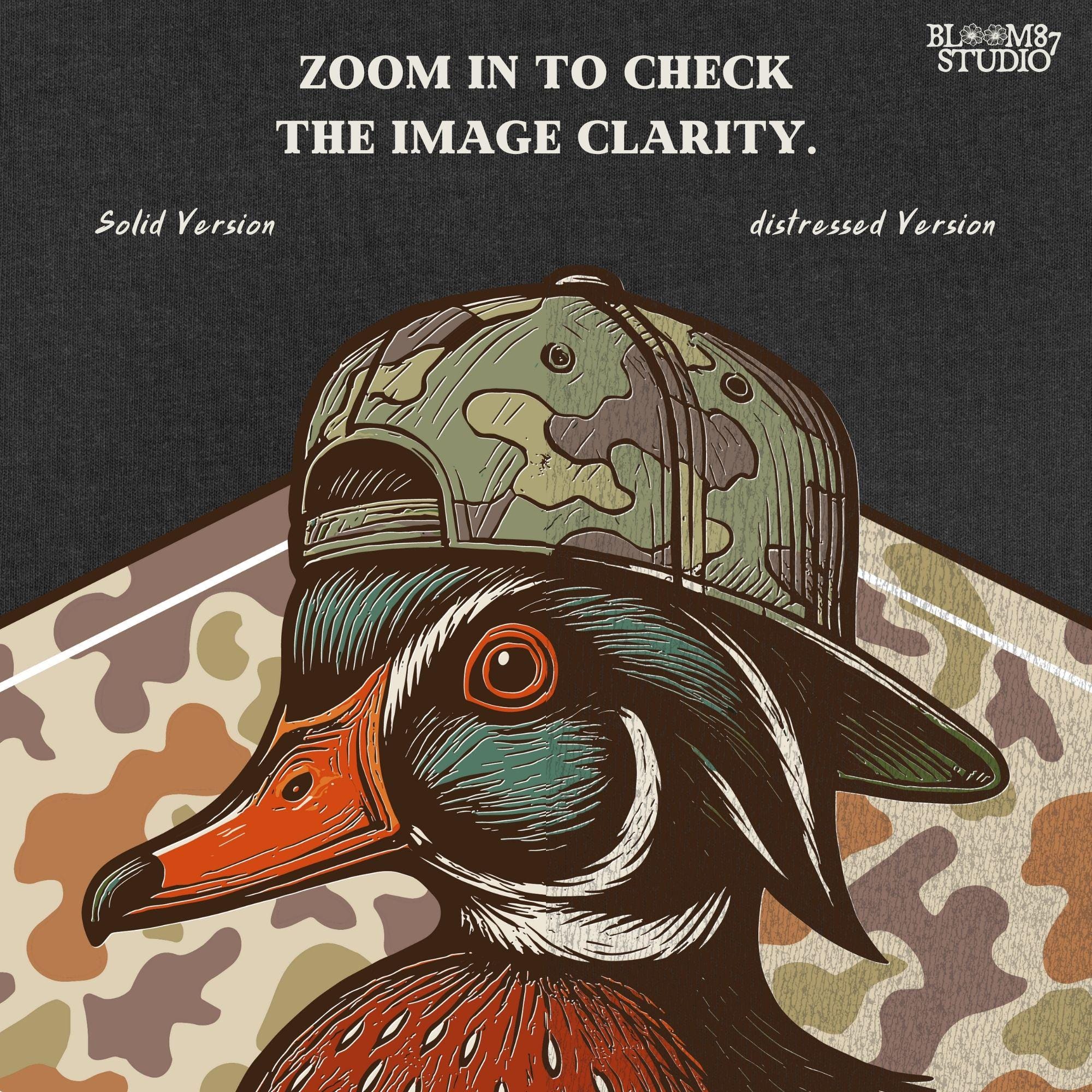 Illustration of a wood duck with a camouflage hat, placed over a brown woodland camo background, styled for fall hunting and Thanksgiving crafts.
