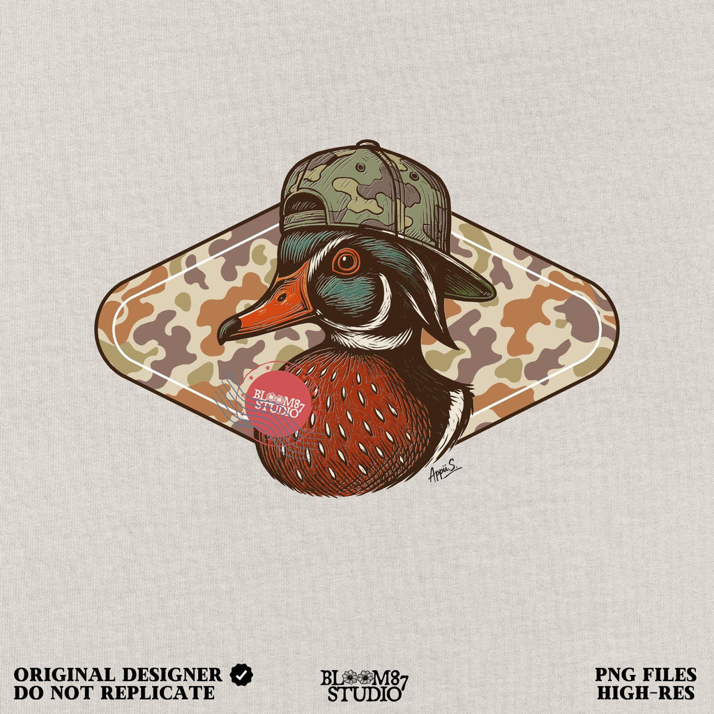 Illustration of a wood duck with a camouflage hat, placed over a brown woodland camo background, styled for fall hunting and Thanksgiving crafts.
