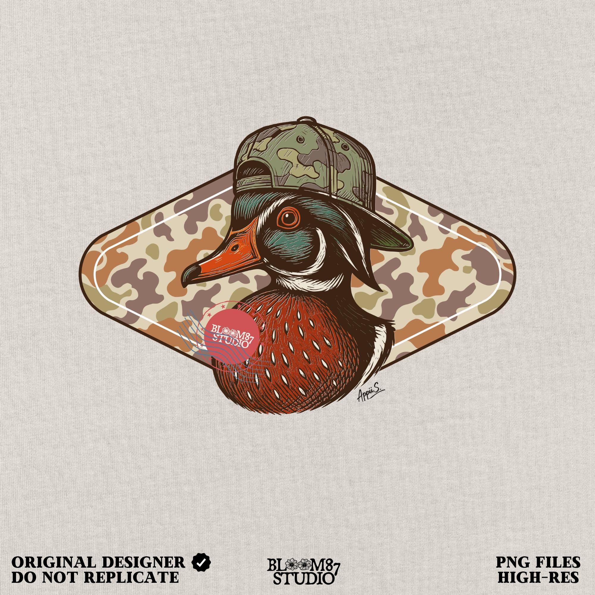 Illustration of a wood duck with a camouflage hat, placed over a brown woodland camo background, styled for fall hunting and Thanksgiving crafts.