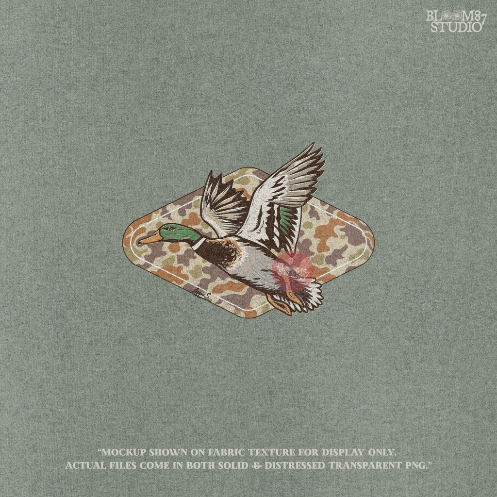 Mallard duck flying over a tan and brown woodland camo background, stylized for fall hunting and Thanksgiving sublimation projects.