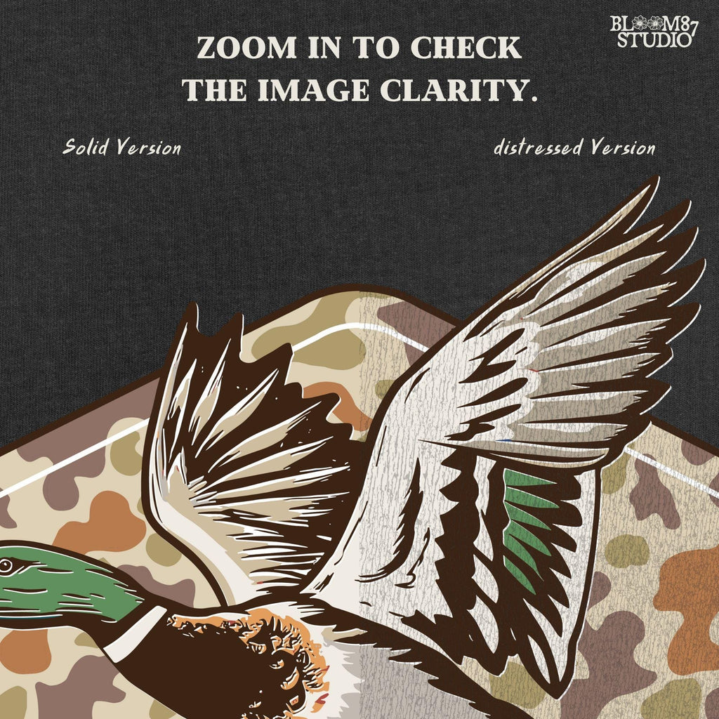 Mallard duck flying over a tan and brown woodland camo background, stylized for fall hunting and Thanksgiving sublimation projects.