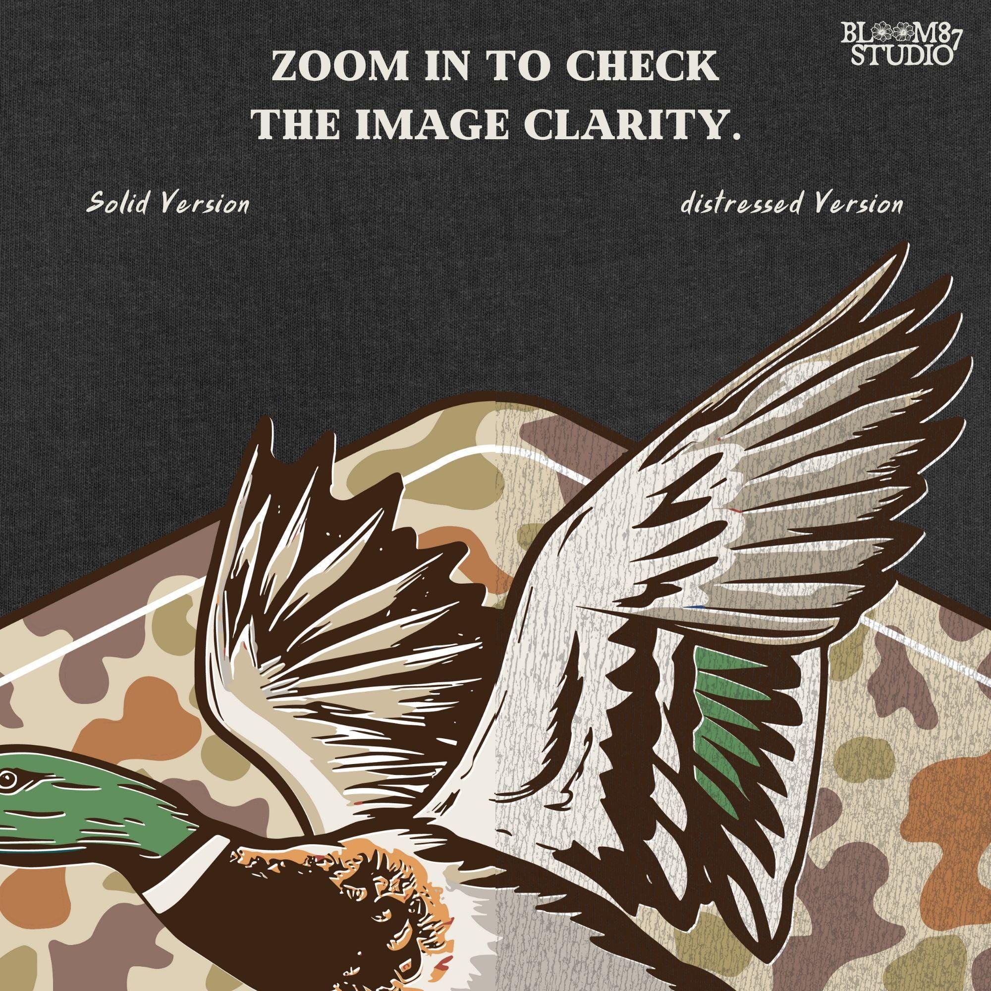 Mallard duck flying over a tan and brown woodland camo background, stylized for fall hunting and Thanksgiving sublimation projects.