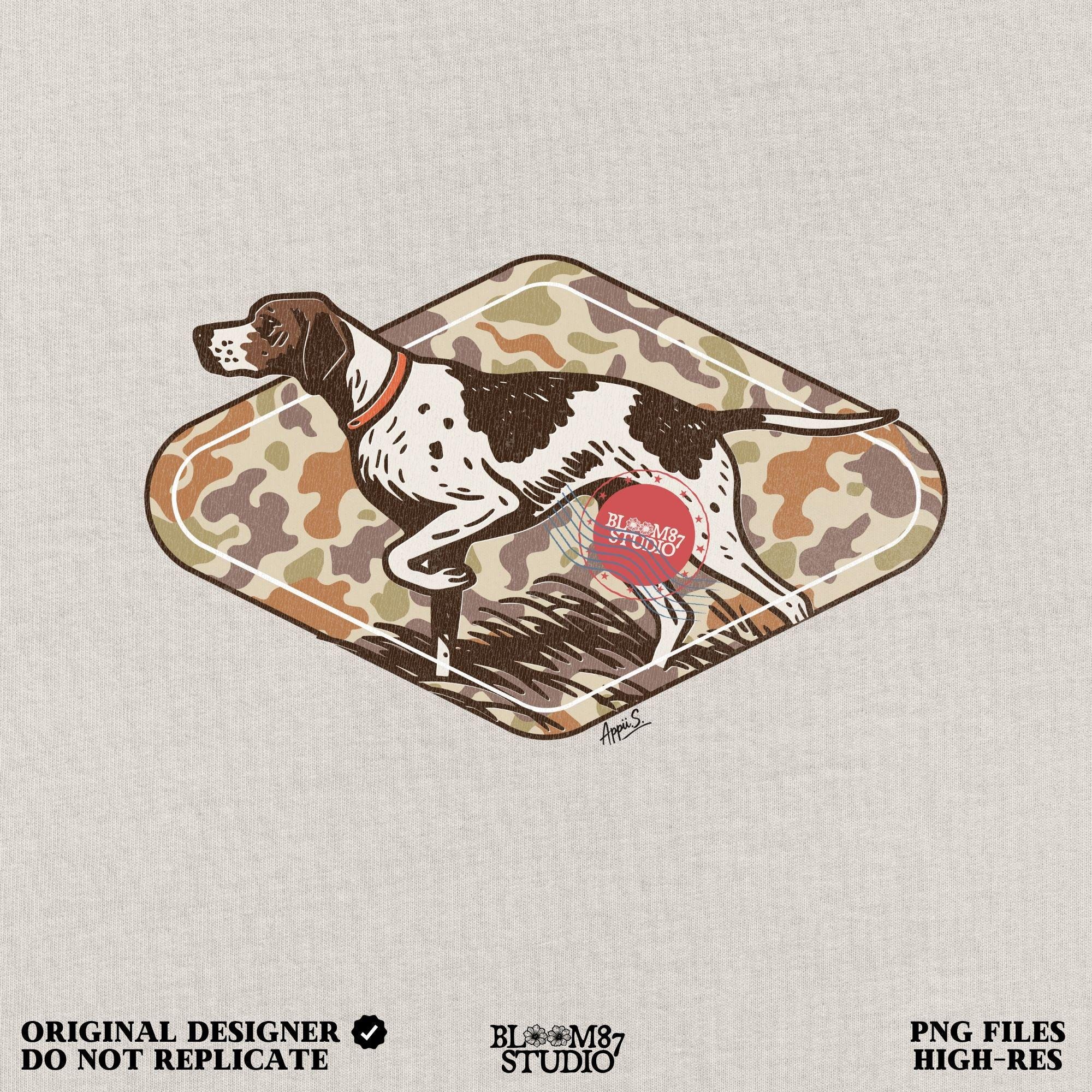 Brown and white hunting pointer dog in a standing pose over a woodland camo background, perfect for fall or Thanksgiving-themed sublimation designs.