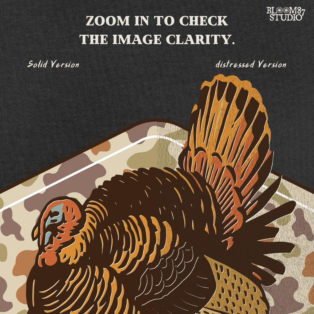 Illustration of a wild turkey with full plumage standing over a tan woodland camouflage background, ideal for fall or Thanksgiving sublimation designs.
