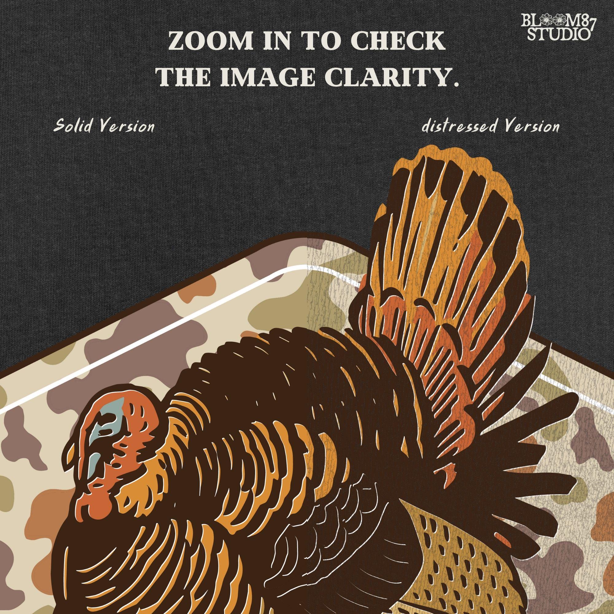 Illustration of a wild turkey with full plumage standing over a tan woodland camouflage background, ideal for fall or Thanksgiving sublimation designs.