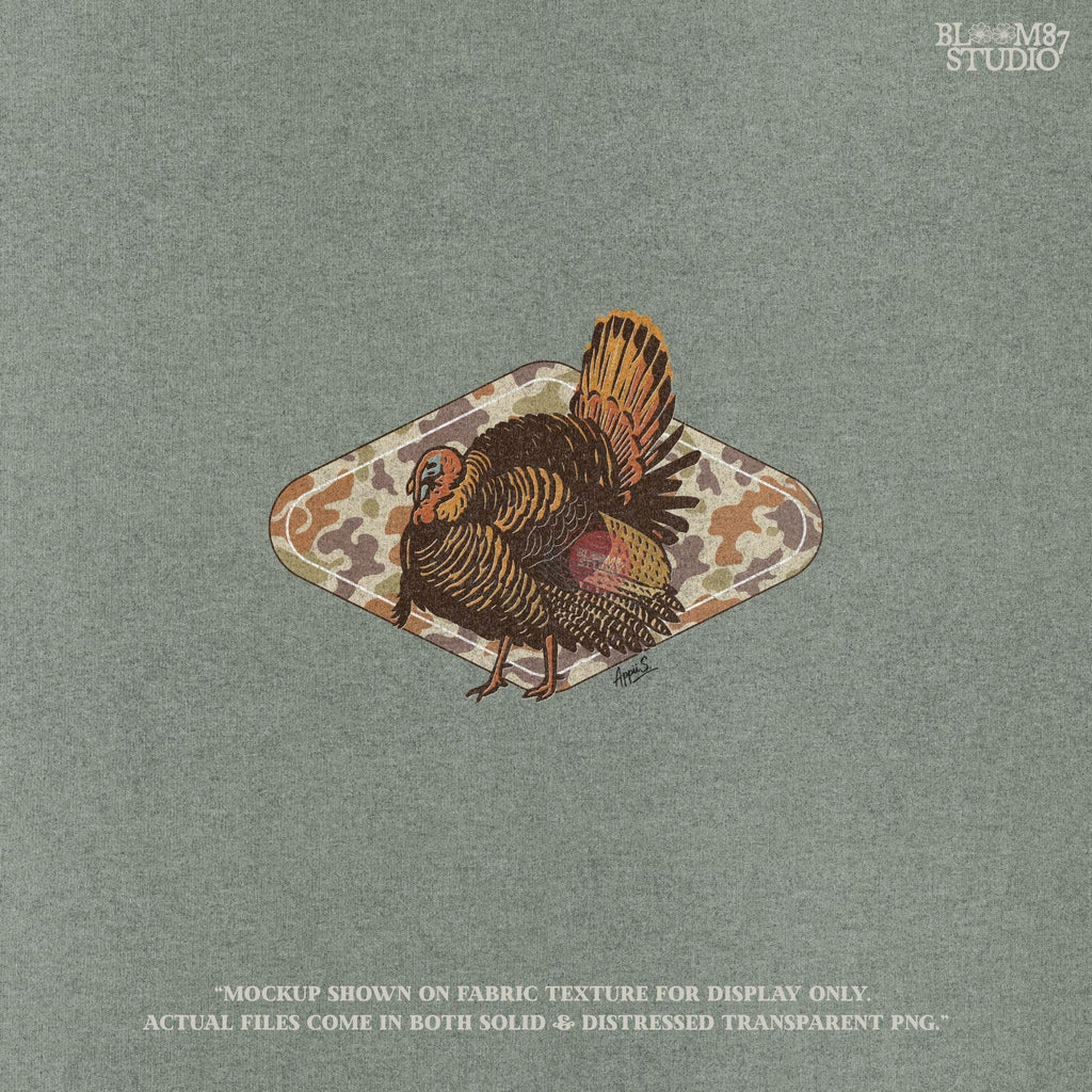 Illustration of a wild turkey with full plumage standing over a tan woodland camouflage background, ideal for fall or Thanksgiving sublimation designs.