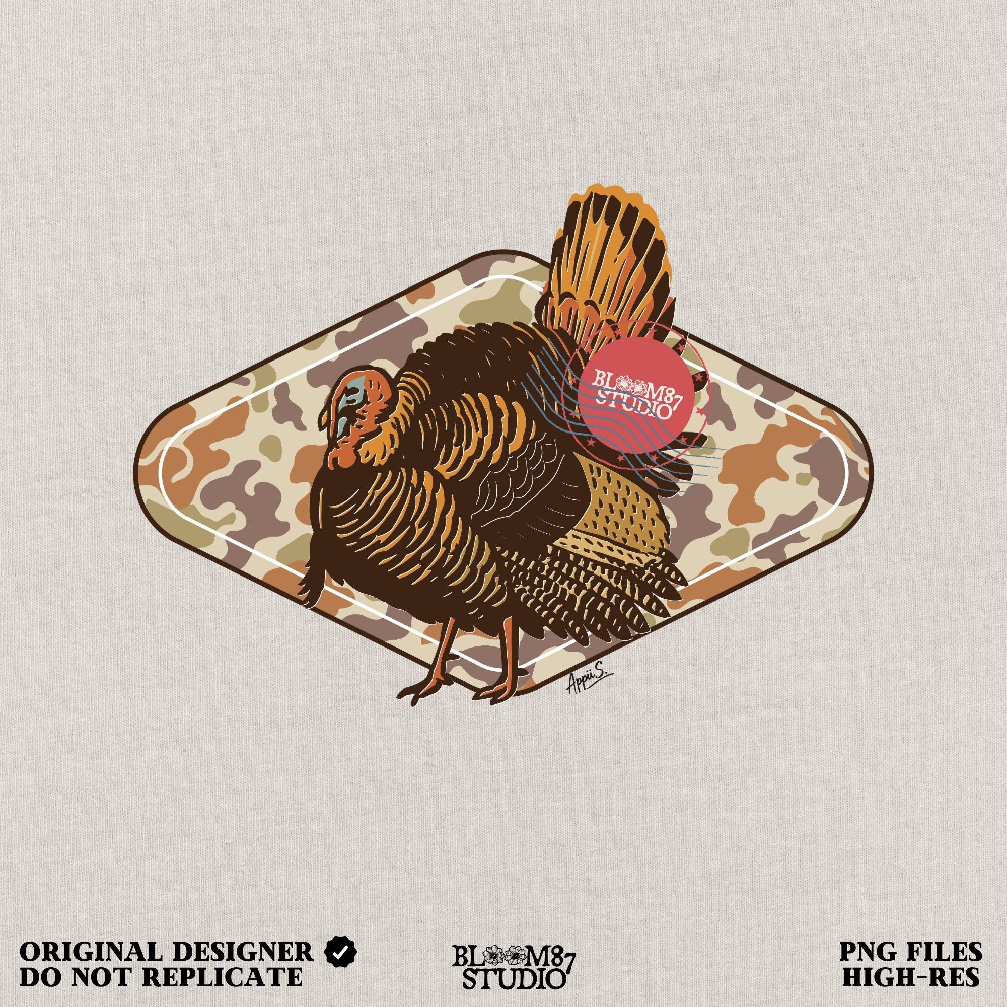 Illustration of a wild turkey with full plumage standing over a tan woodland camouflage background, ideal for fall or Thanksgiving sublimation designs.