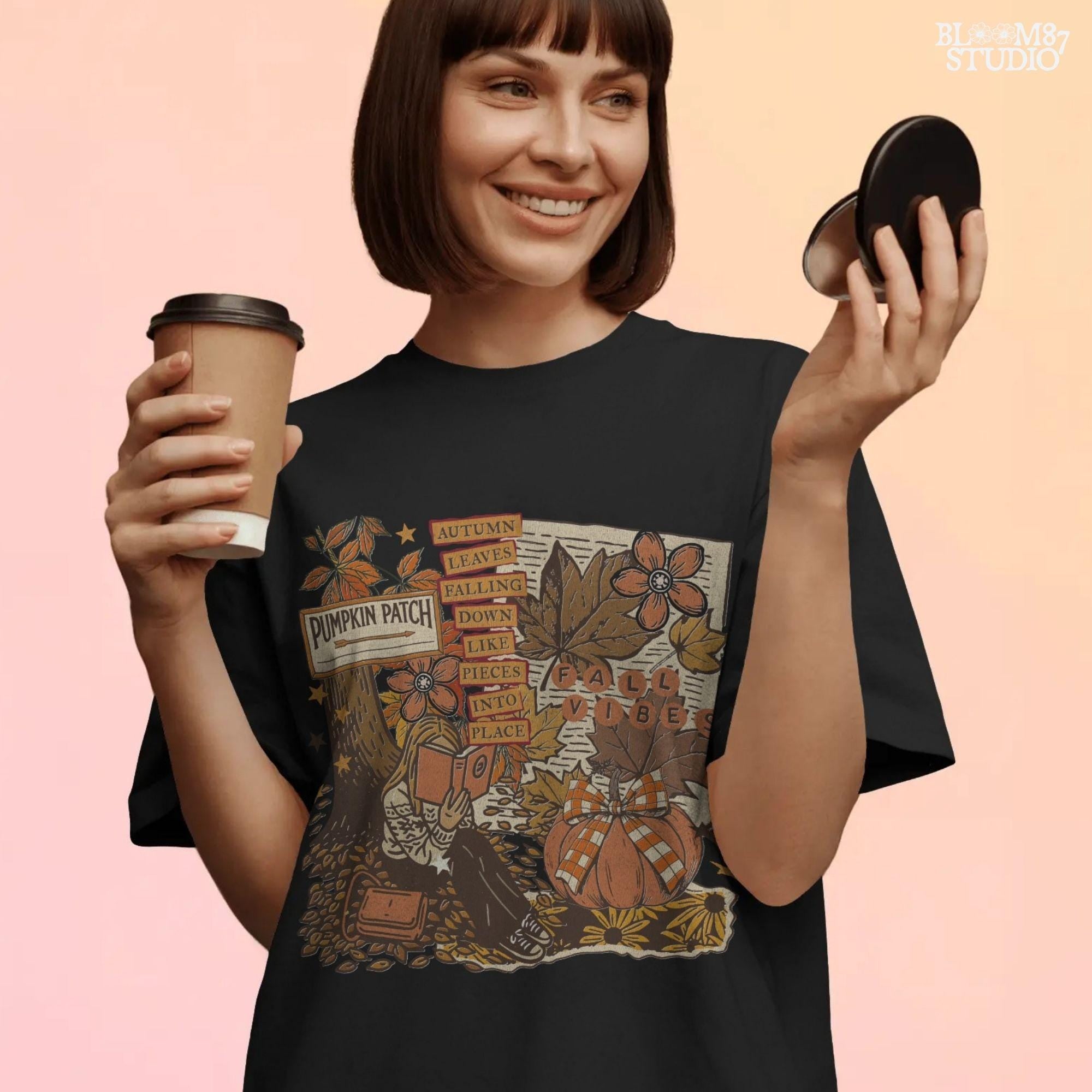 Retro fall collage PNG featuring girl reading under tree, plaid pumpkin, fall leaves, and pumpkin patch sign — great for shirts or wall prints