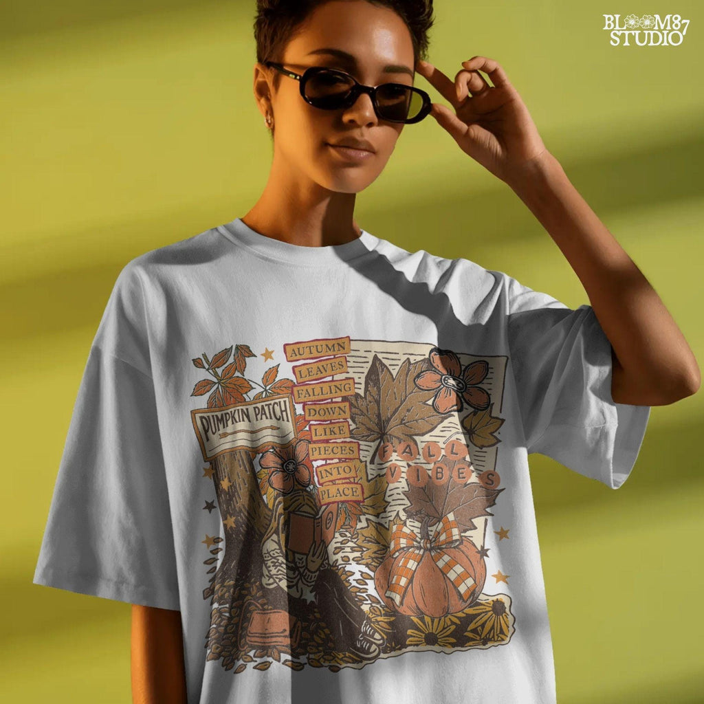 Retro fall collage PNG featuring girl reading under tree, plaid pumpkin, fall leaves, and pumpkin patch sign — great for shirts or wall prints