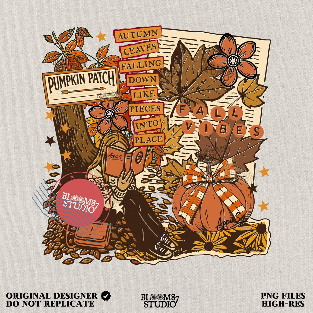 Retro fall collage PNG featuring girl reading under tree, plaid pumpkin, fall leaves, and pumpkin patch sign — great for shirts or wall prints