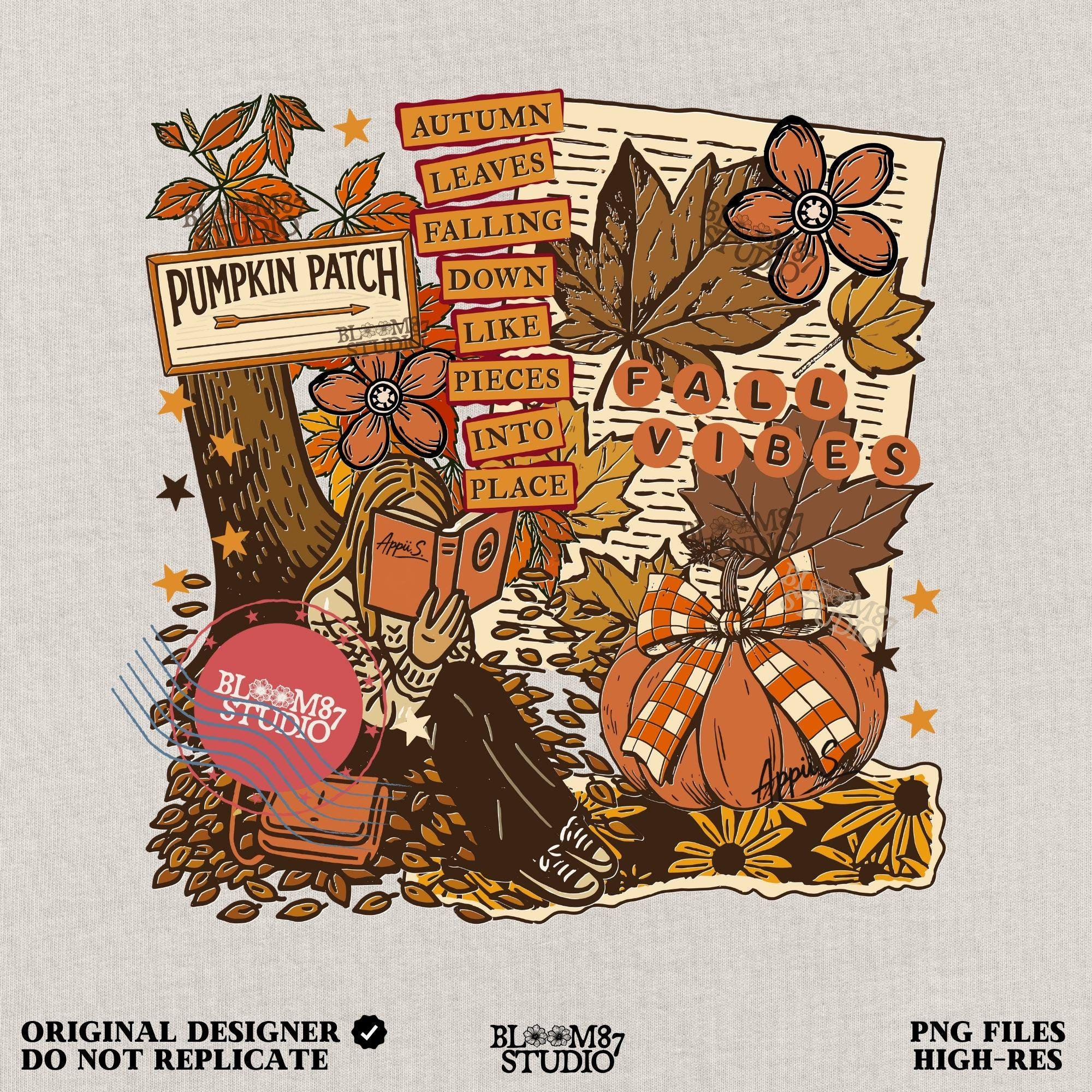Retro fall collage PNG featuring girl reading under tree, plaid pumpkin, fall leaves, and pumpkin patch sign — great for shirts or wall prints