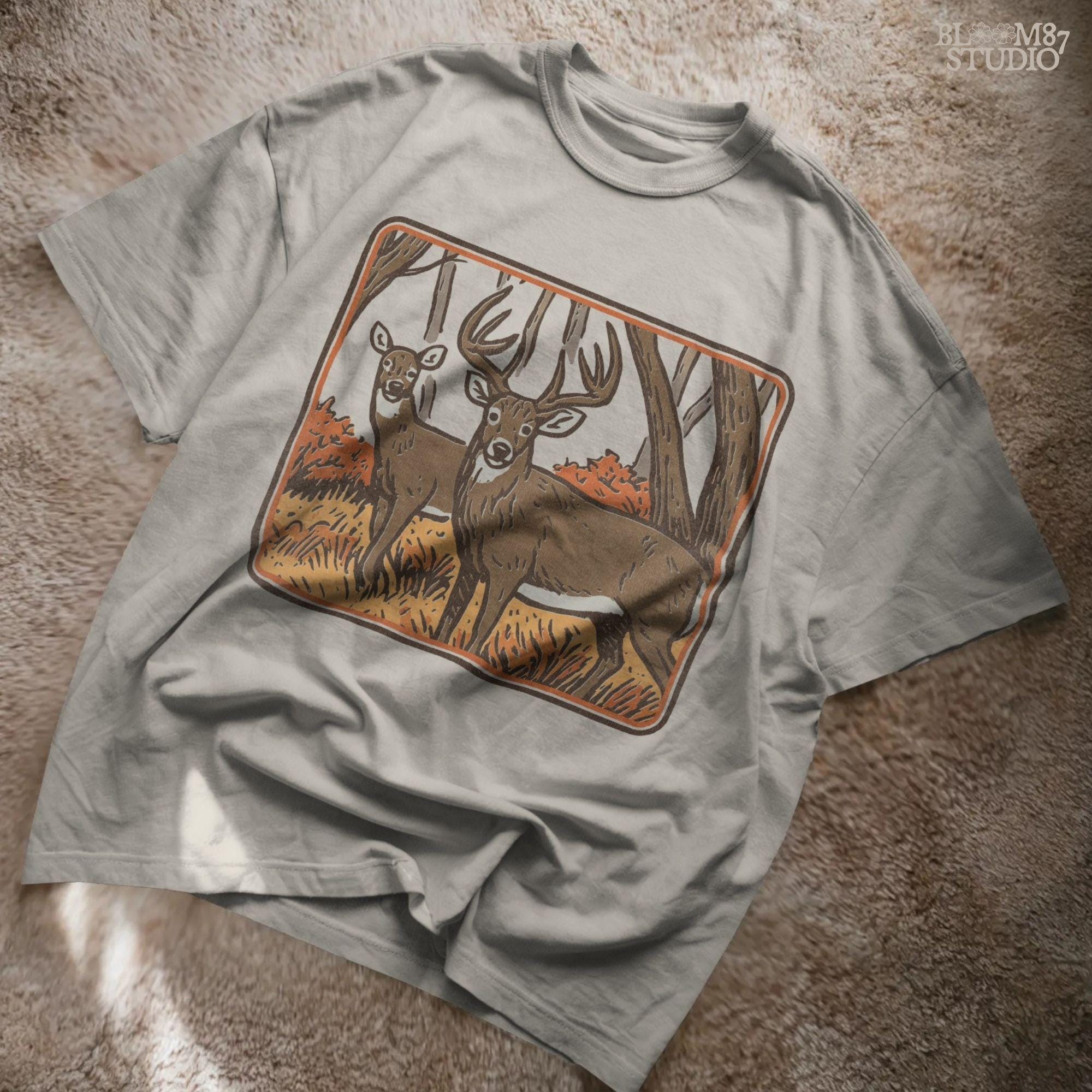Whitetail buck and doe standing in an autumn forest with orange foliage, fall hunting scene sublimation design