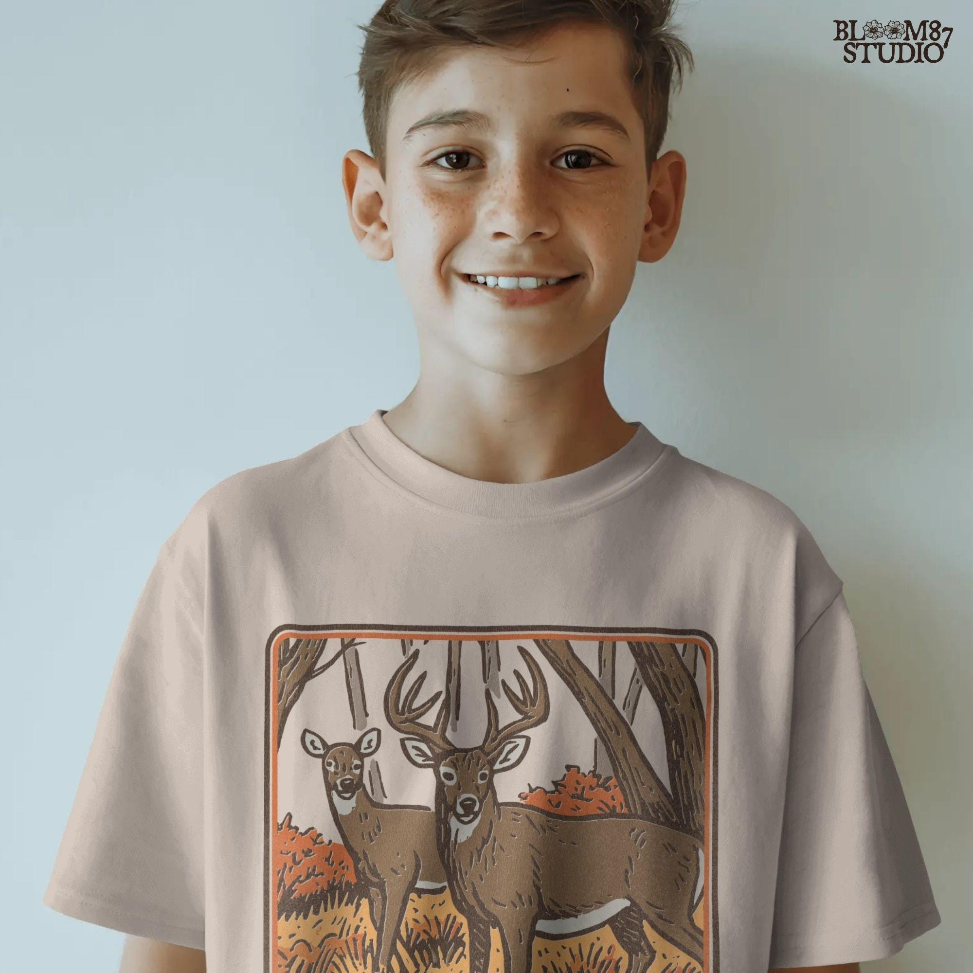 Whitetail buck and doe standing in an autumn forest with orange foliage, fall hunting scene sublimation design