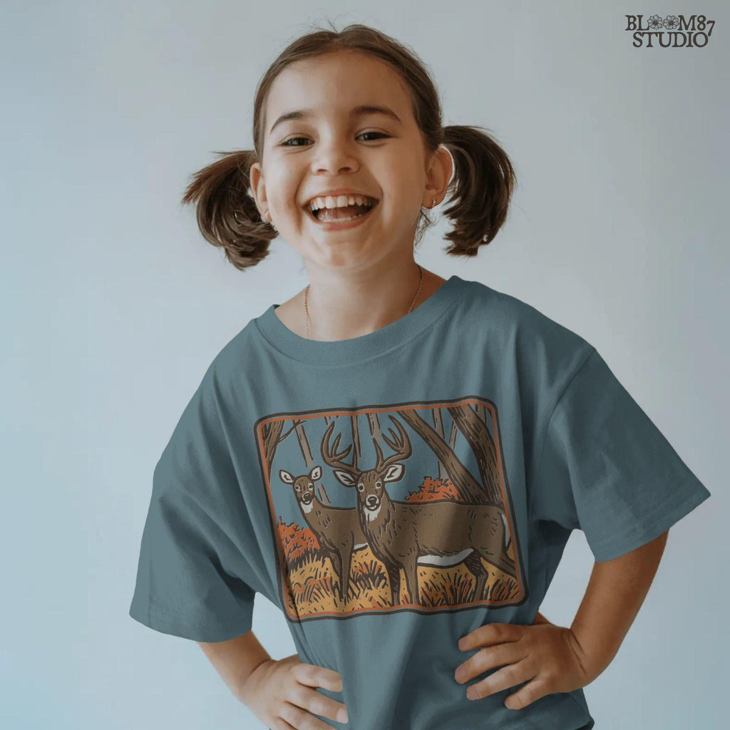 Whitetail buck and doe standing in an autumn forest with orange foliage, fall hunting scene sublimation design