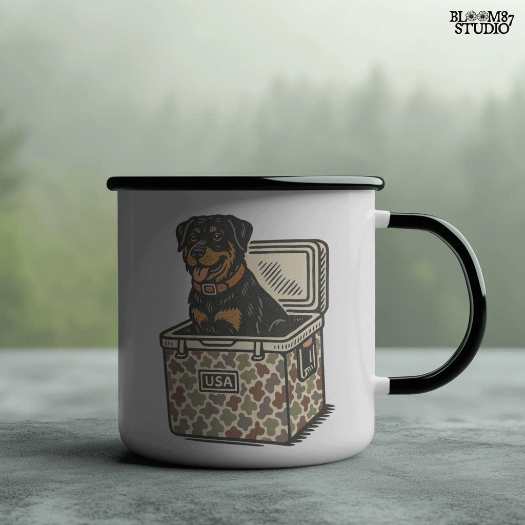 Illustration of a Rottweiler dog sitting inside a camouflage USA cooler, ideal for sublimation designs, hunting shirts, and outdoor pet lovers.