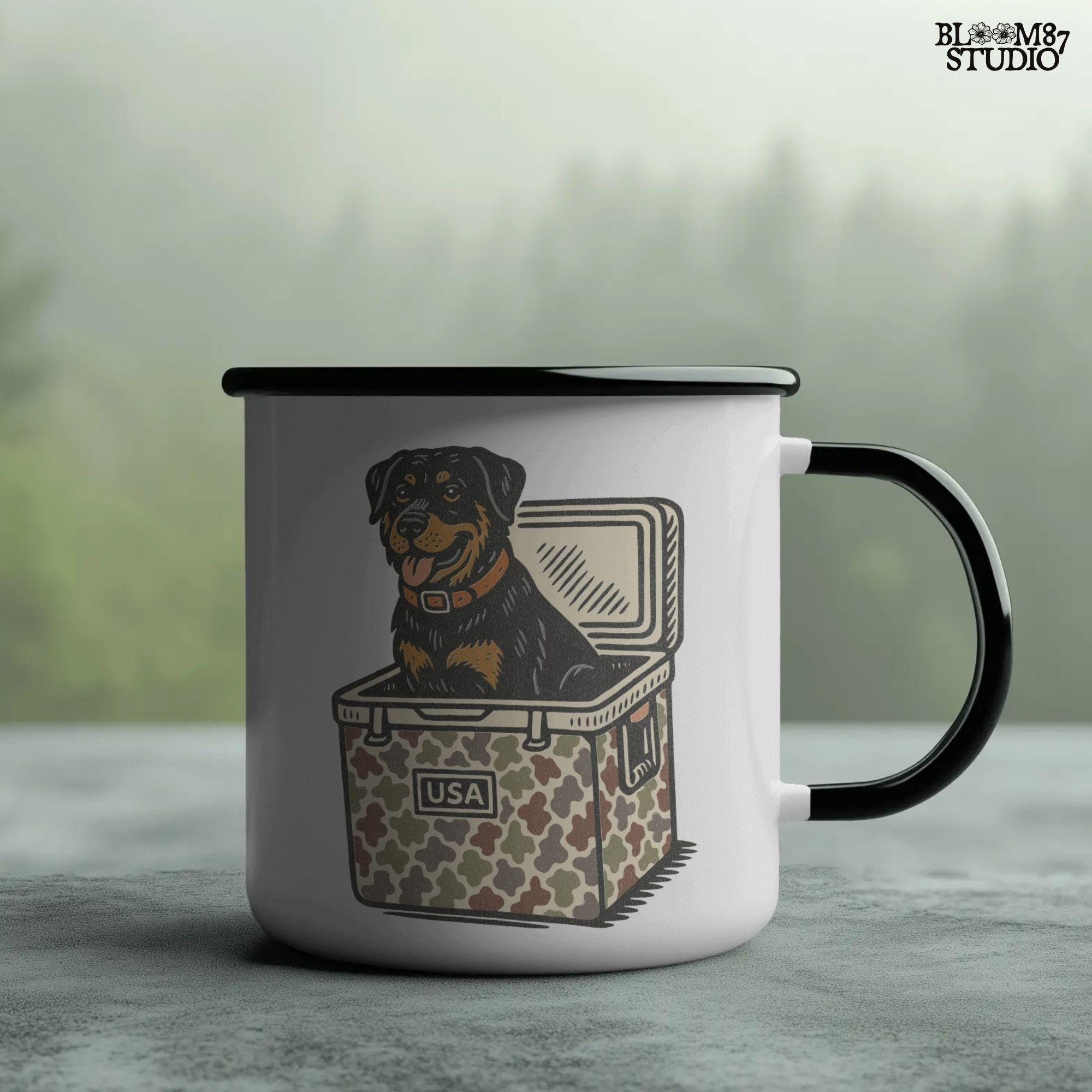 Illustration of a Rottweiler dog sitting inside a camouflage USA cooler, ideal for sublimation designs, hunting shirts, and outdoor pet lovers.