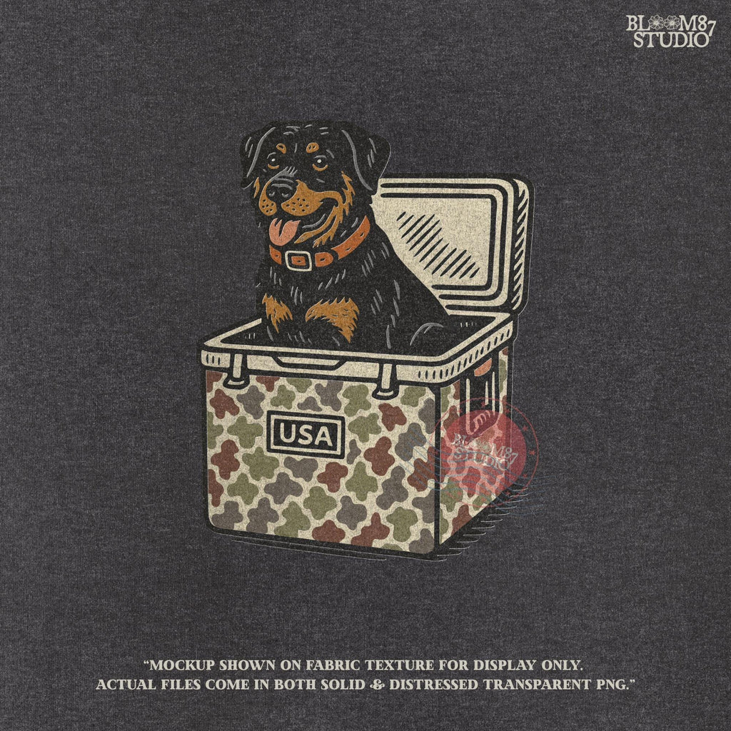Illustration of a Rottweiler dog sitting inside a camouflage USA cooler, ideal for sublimation designs, hunting shirts, and outdoor pet lovers.