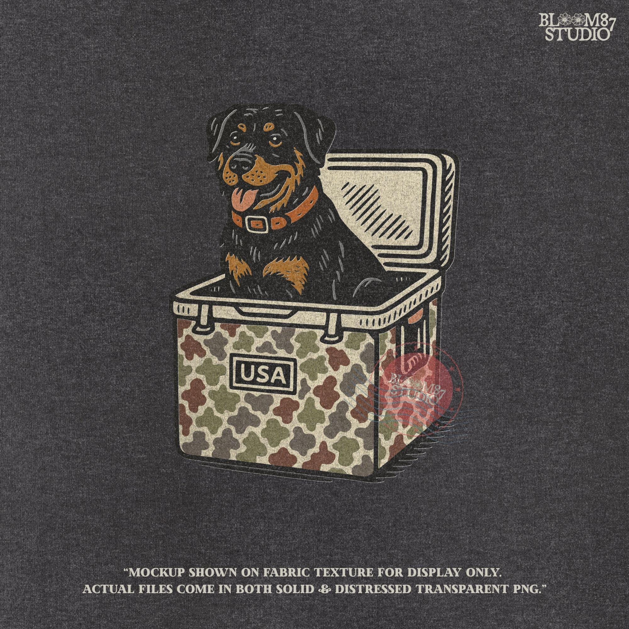 Illustration of a Rottweiler dog sitting inside a camouflage USA cooler, ideal for sublimation designs, hunting shirts, and outdoor pet lovers.