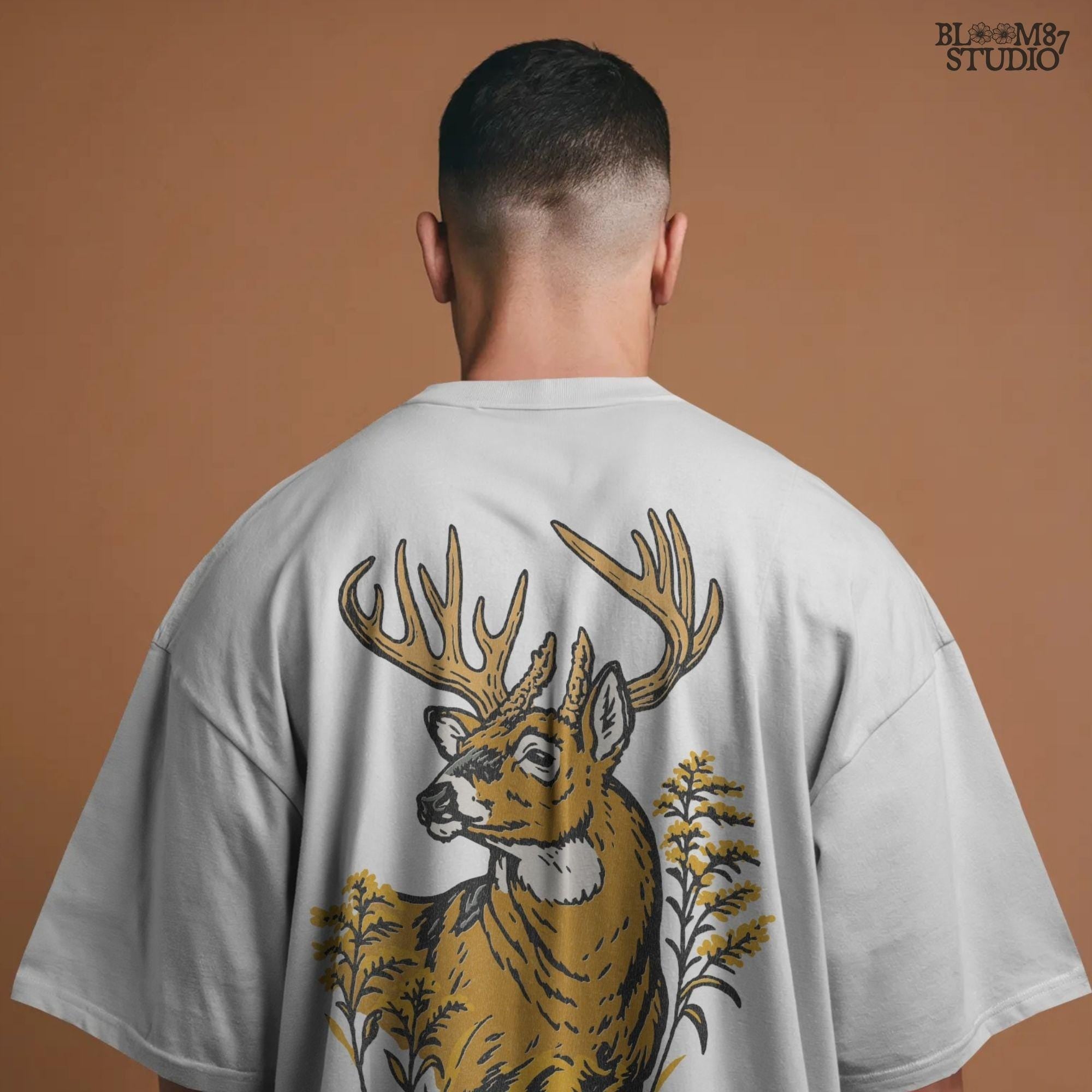 Whitetail buck with large antlers surrounded by goldenrod flowers, hunting season wildlife PNG sublimation design