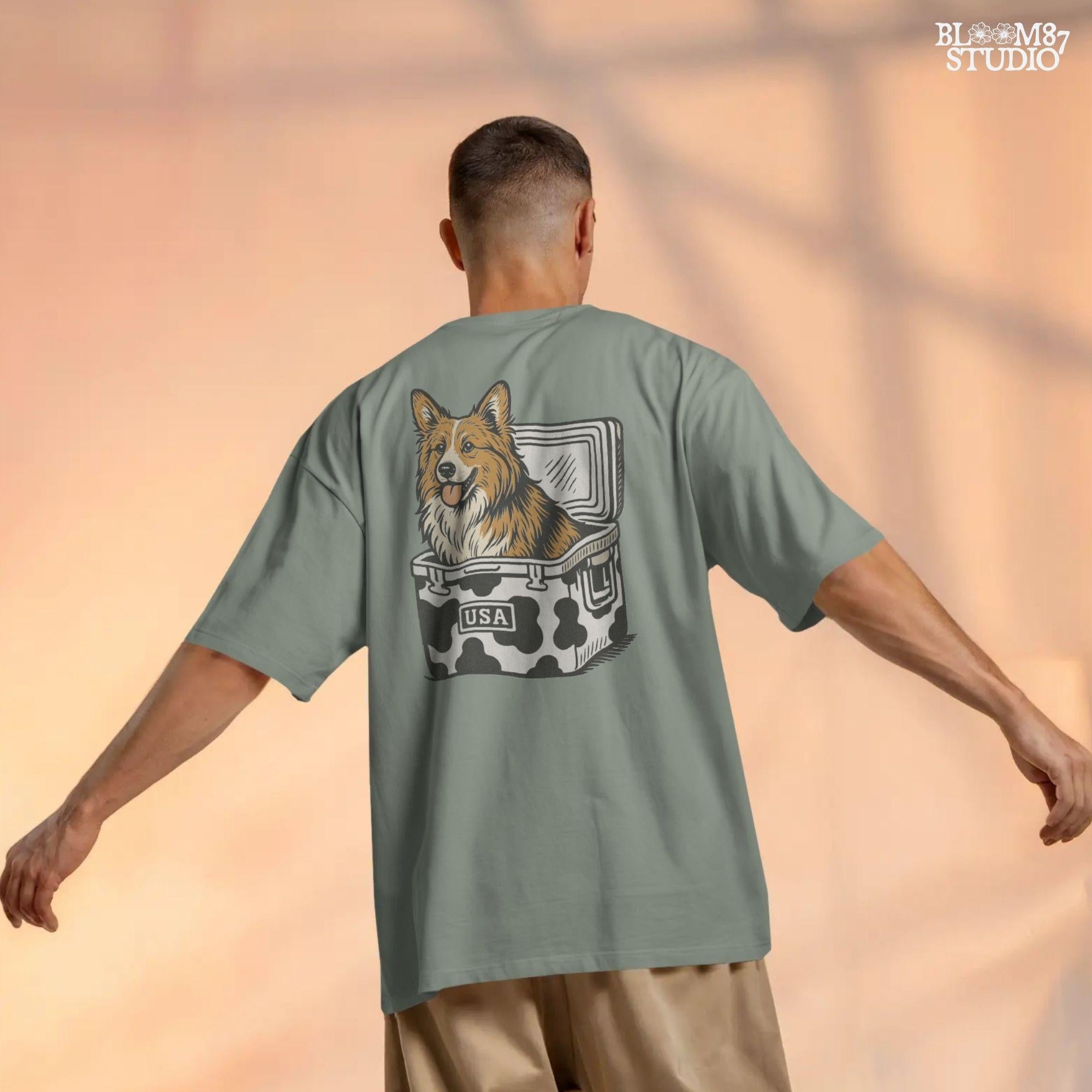 Corgi sitting inside a cow print cooler labeled “USA”, rustic cartoon-style digital PNG for patriotic pet sublimation and country-themed designs