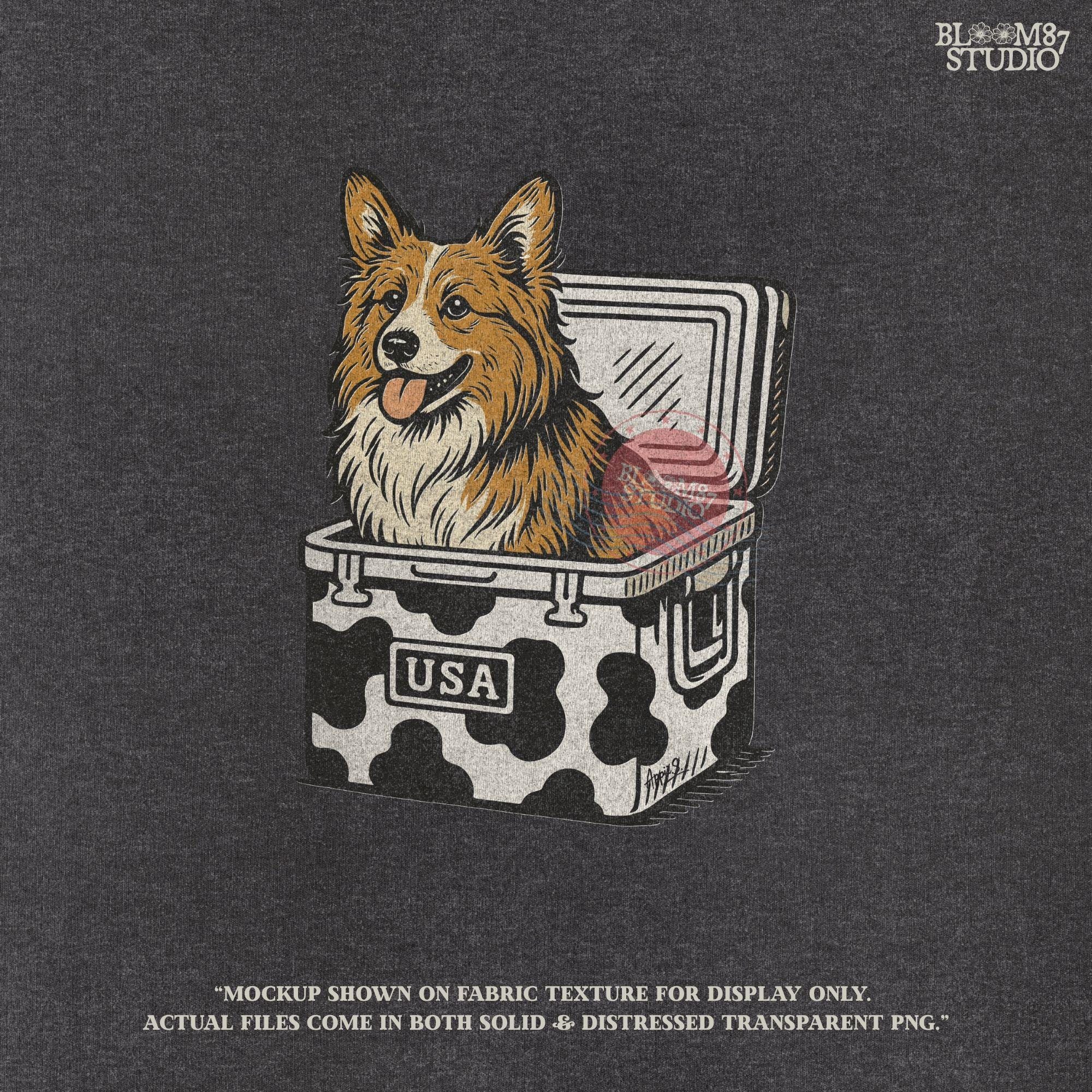 Corgi sitting inside a cow print cooler labeled “USA”, rustic cartoon-style digital PNG for patriotic pet sublimation and country-themed designs