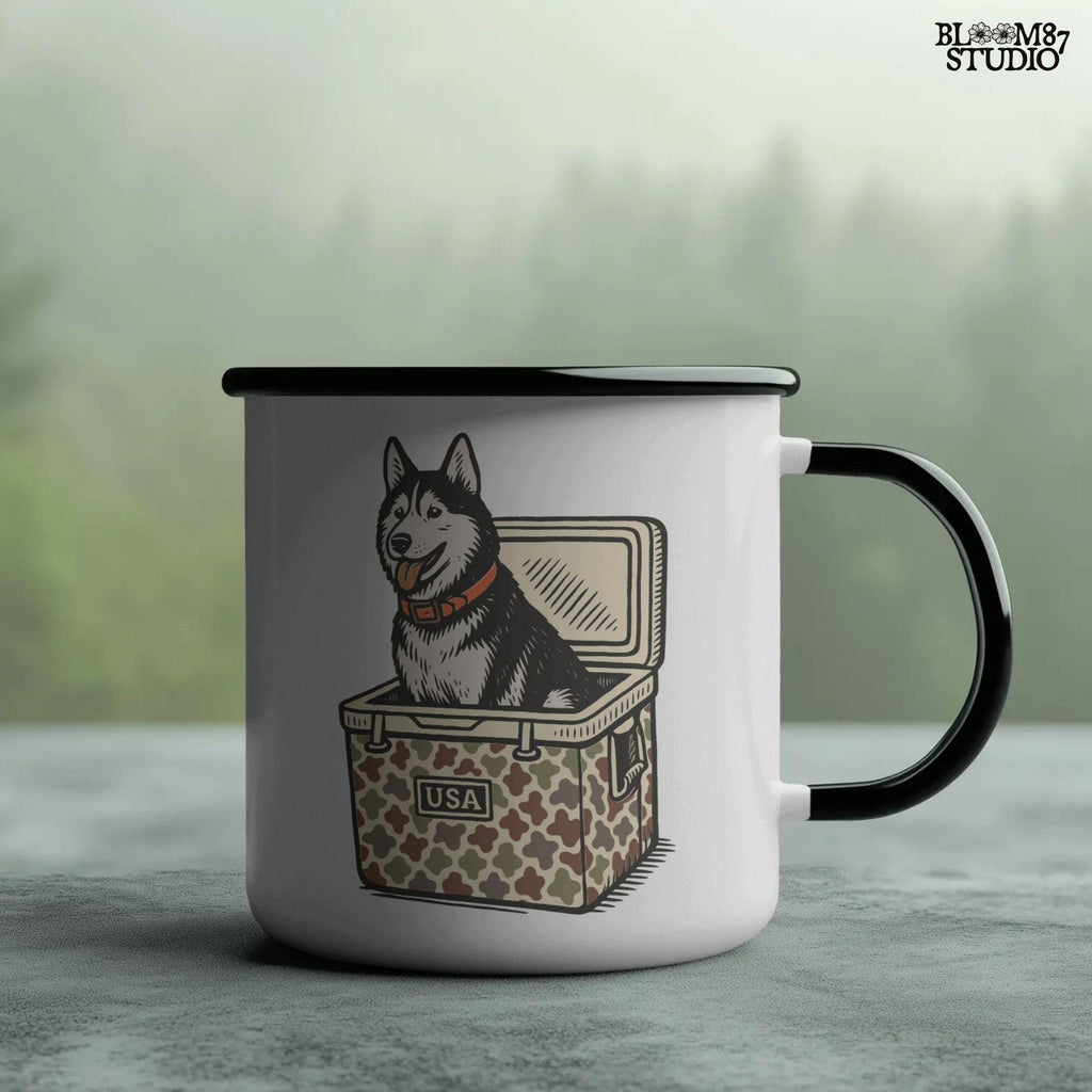 Rustic-style husky dog sitting inside a camo USA cooler, digital PNG for patriotic sublimation, hunting gifts, and funny pet-themed crafts