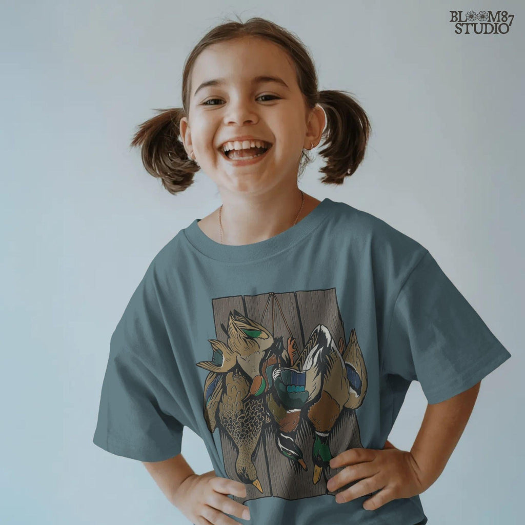 Realistic illustration of mallard drake and hen ducks hanging on rustic wooden planks, waterfowl hunting PNG sublimation design